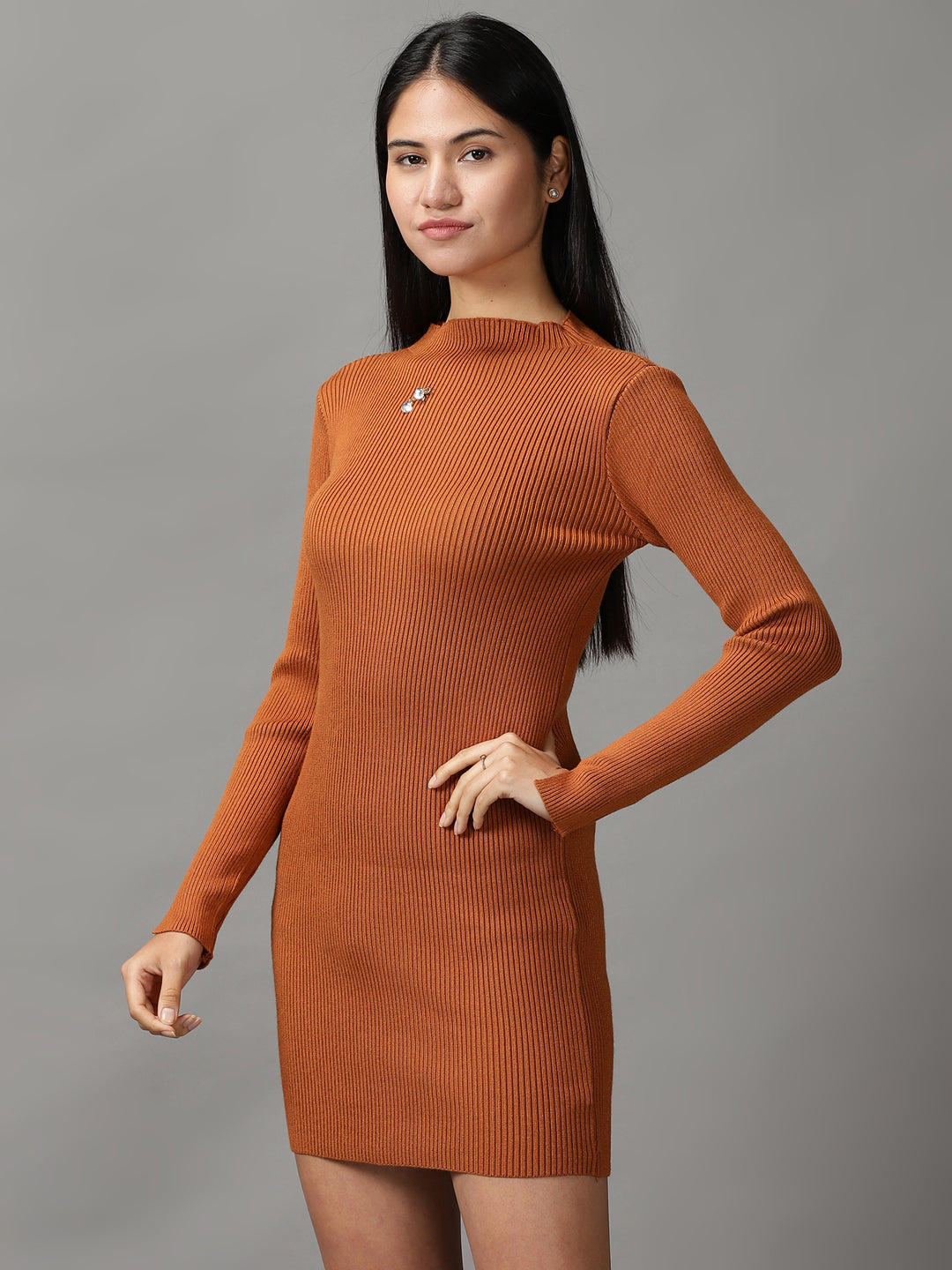 Women's Brown Solid Bodycon Dress