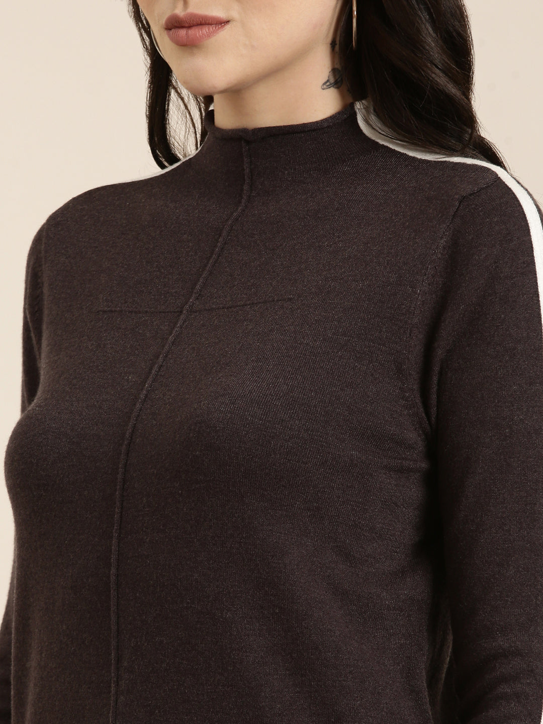 High Neck Solid Regular Sleeves Fitted Grey Top