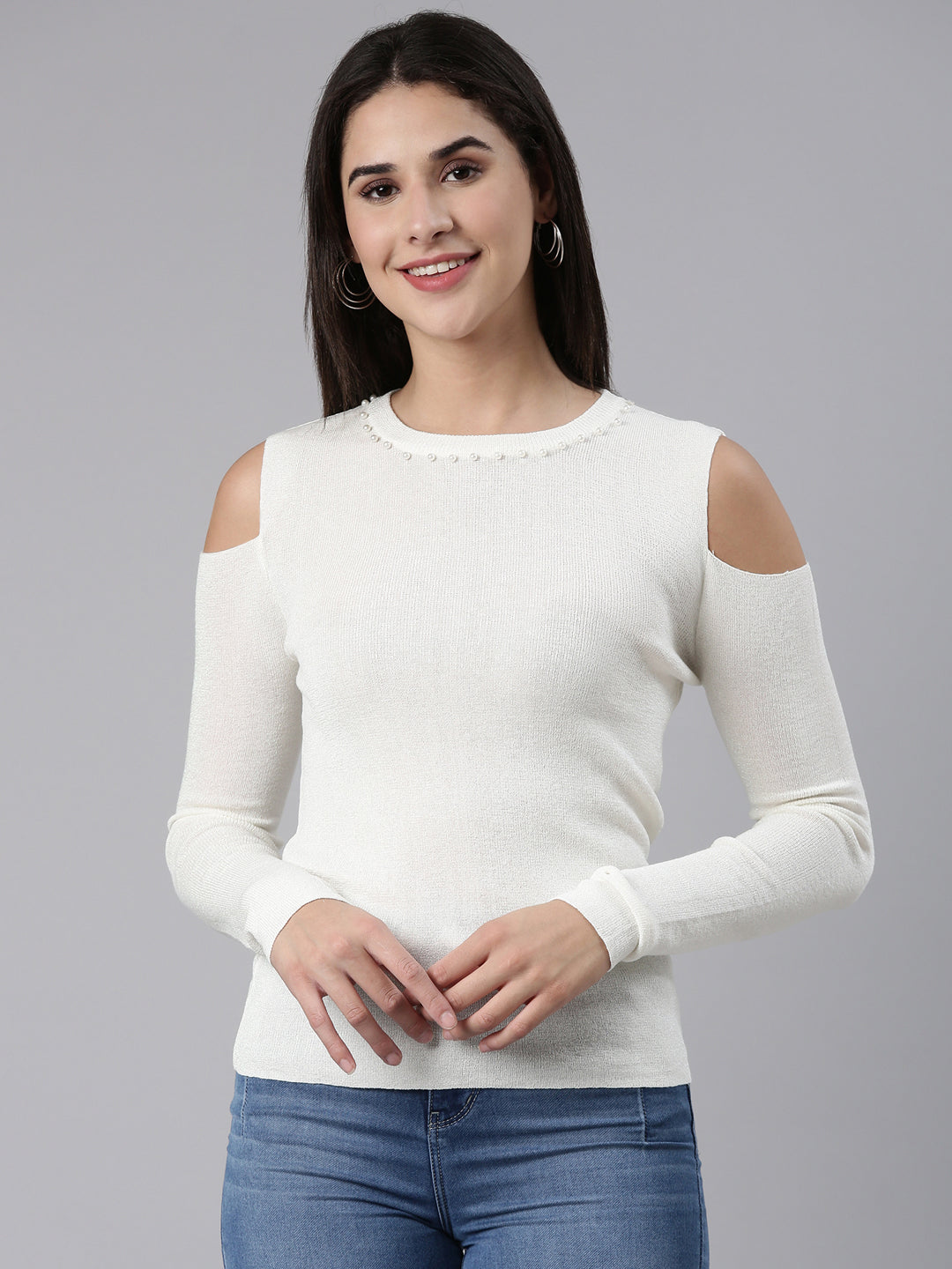 Round Neck Embellished Off White Fitted Regular Top