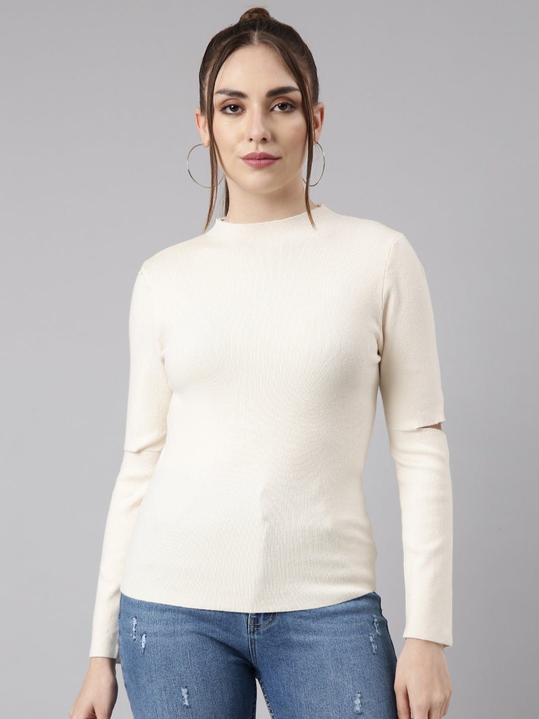 Women Cream Solid Fitted Top