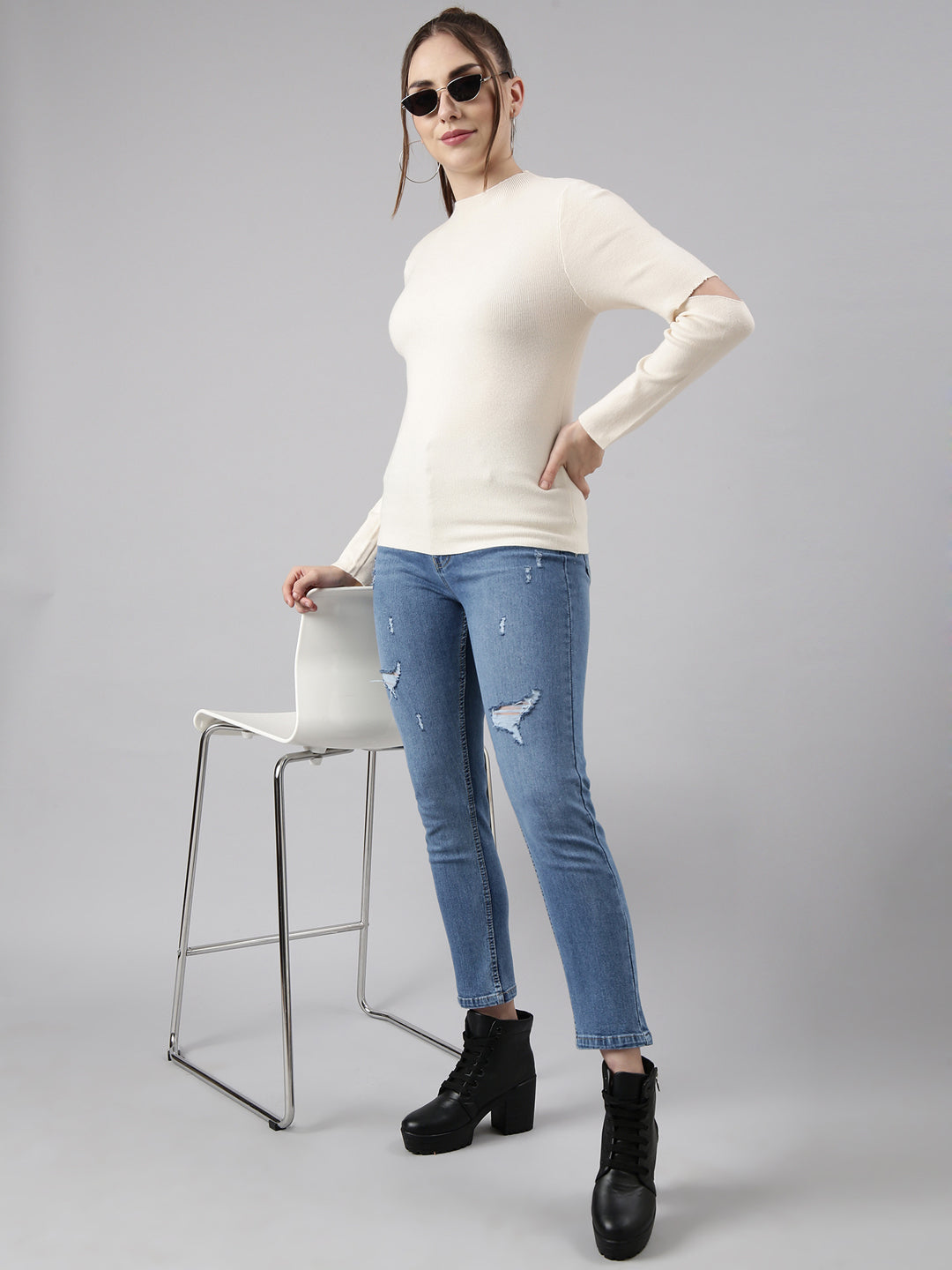 Women Cream Solid Fitted Top