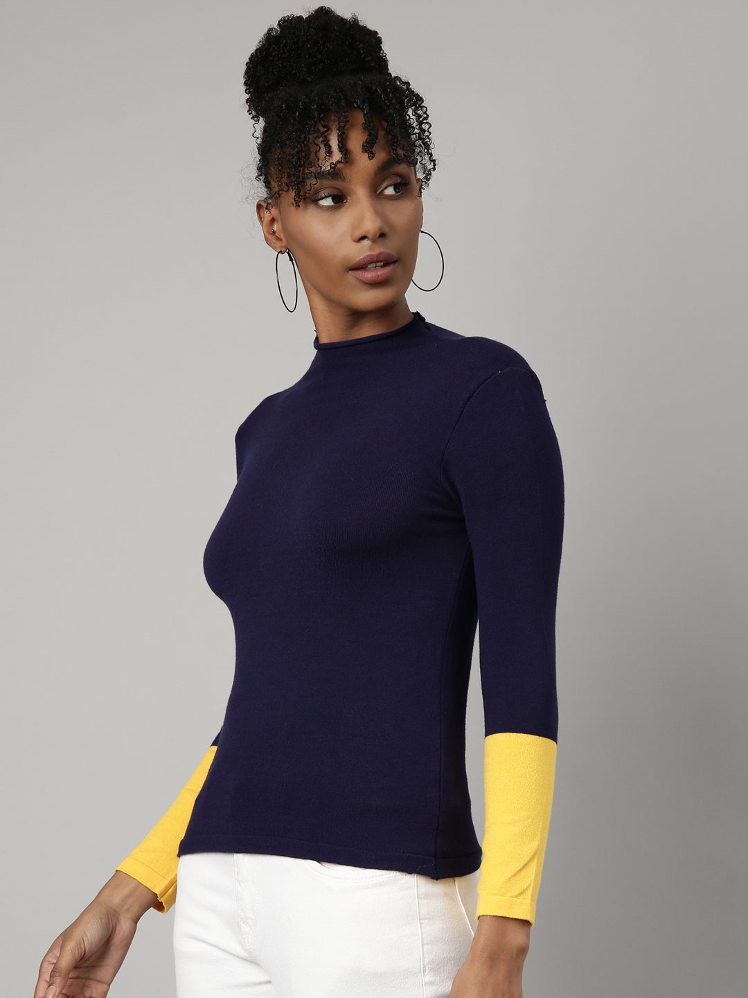 Women Navy Blue Solid Fitted Top