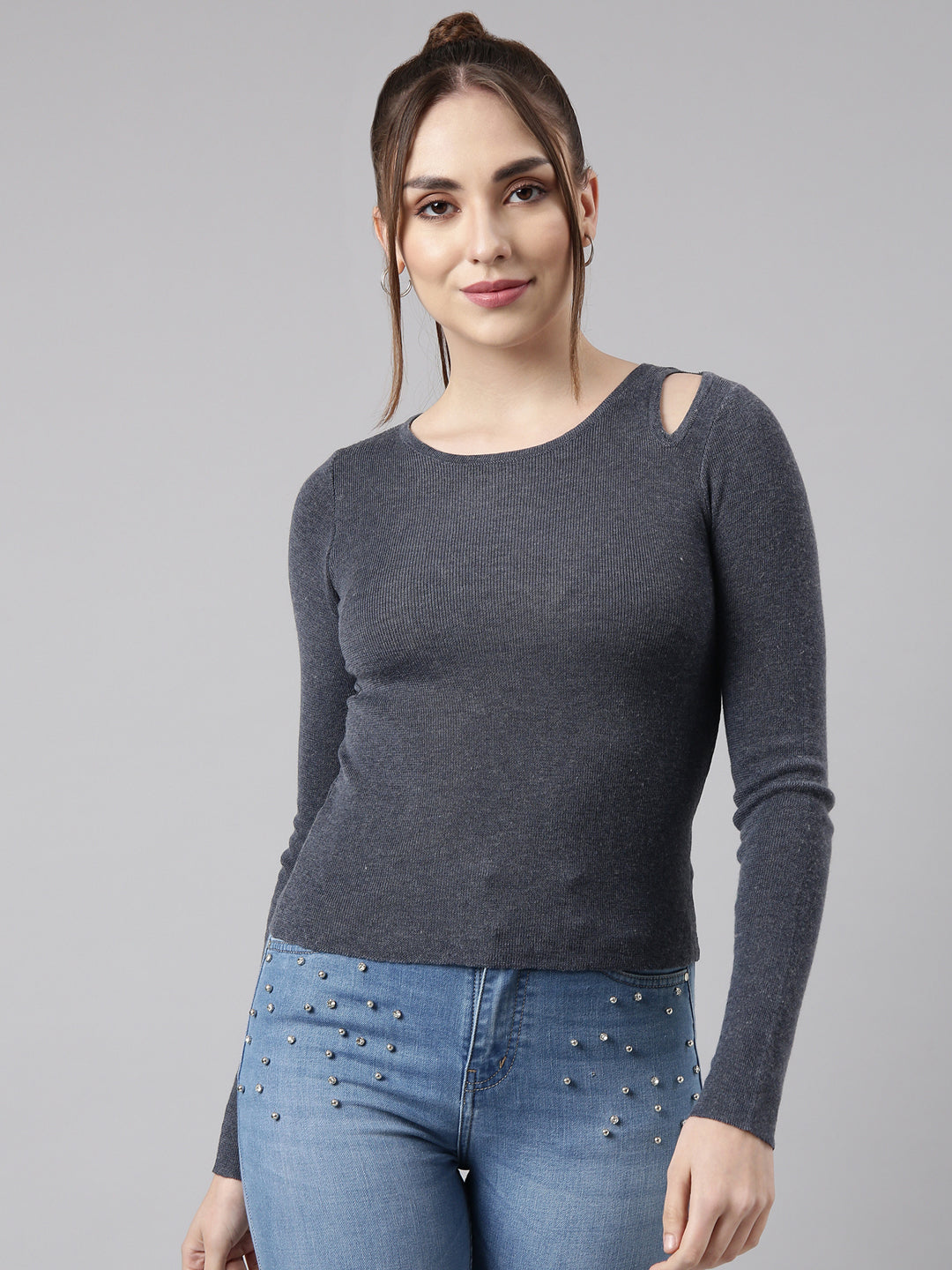 Women Charcoal Solid Fitted Top