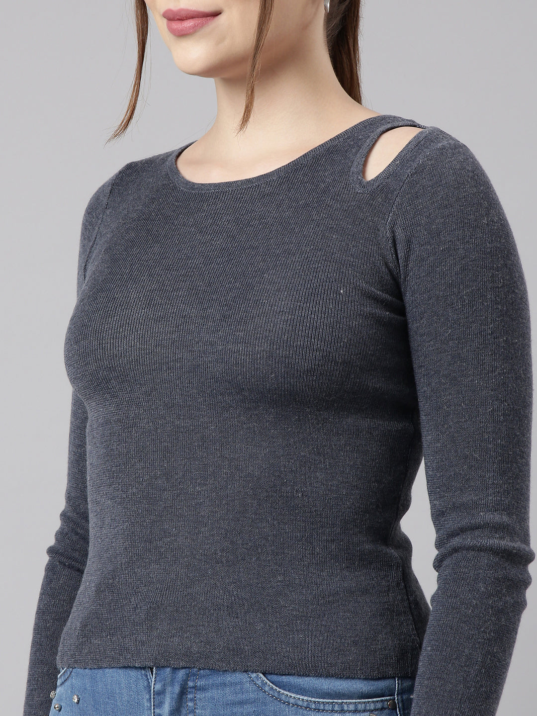 Women Charcoal Solid Fitted Top