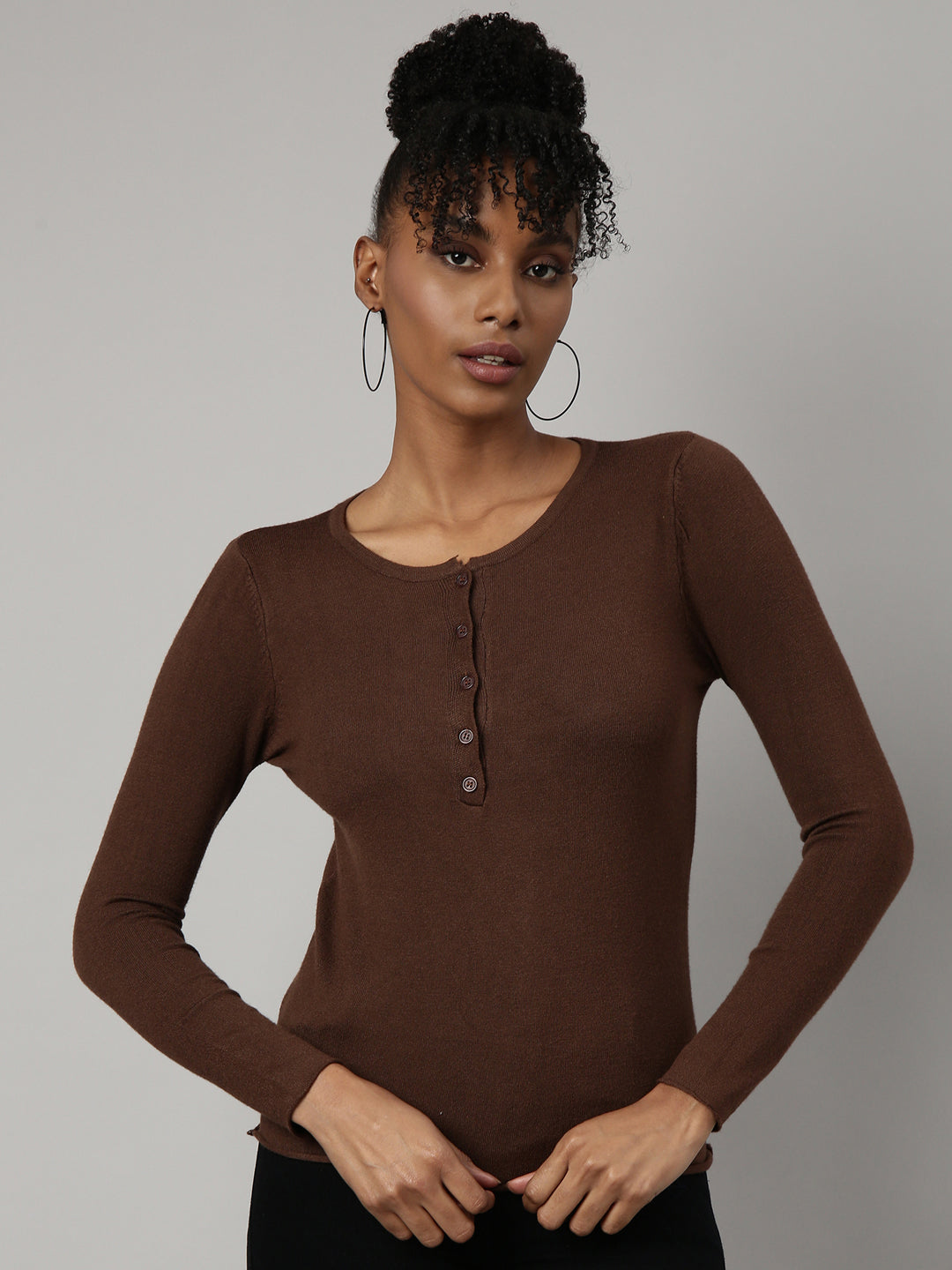 Women Brown Solid Fitted Top