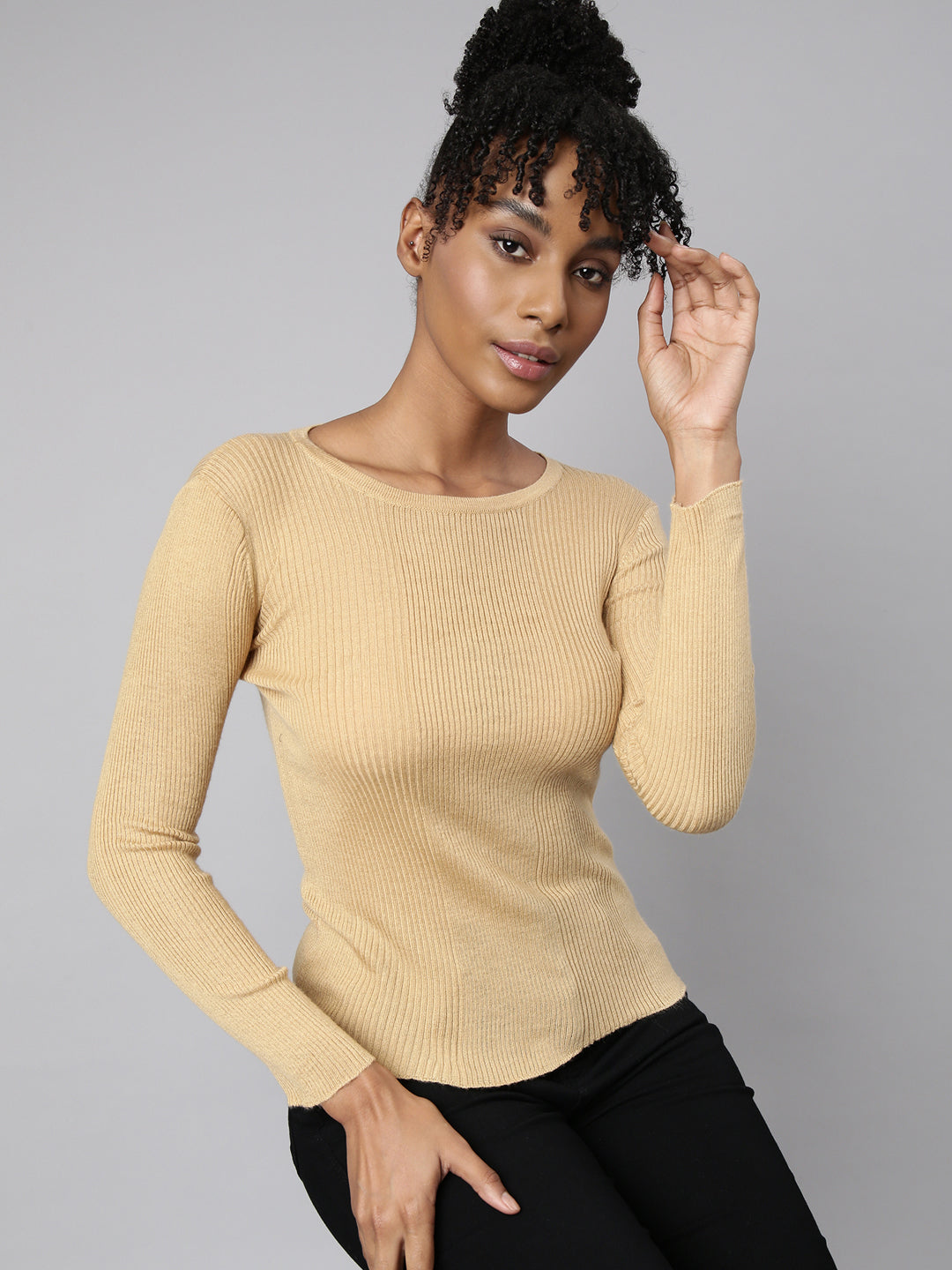 Women Beige Solid Fitted Top