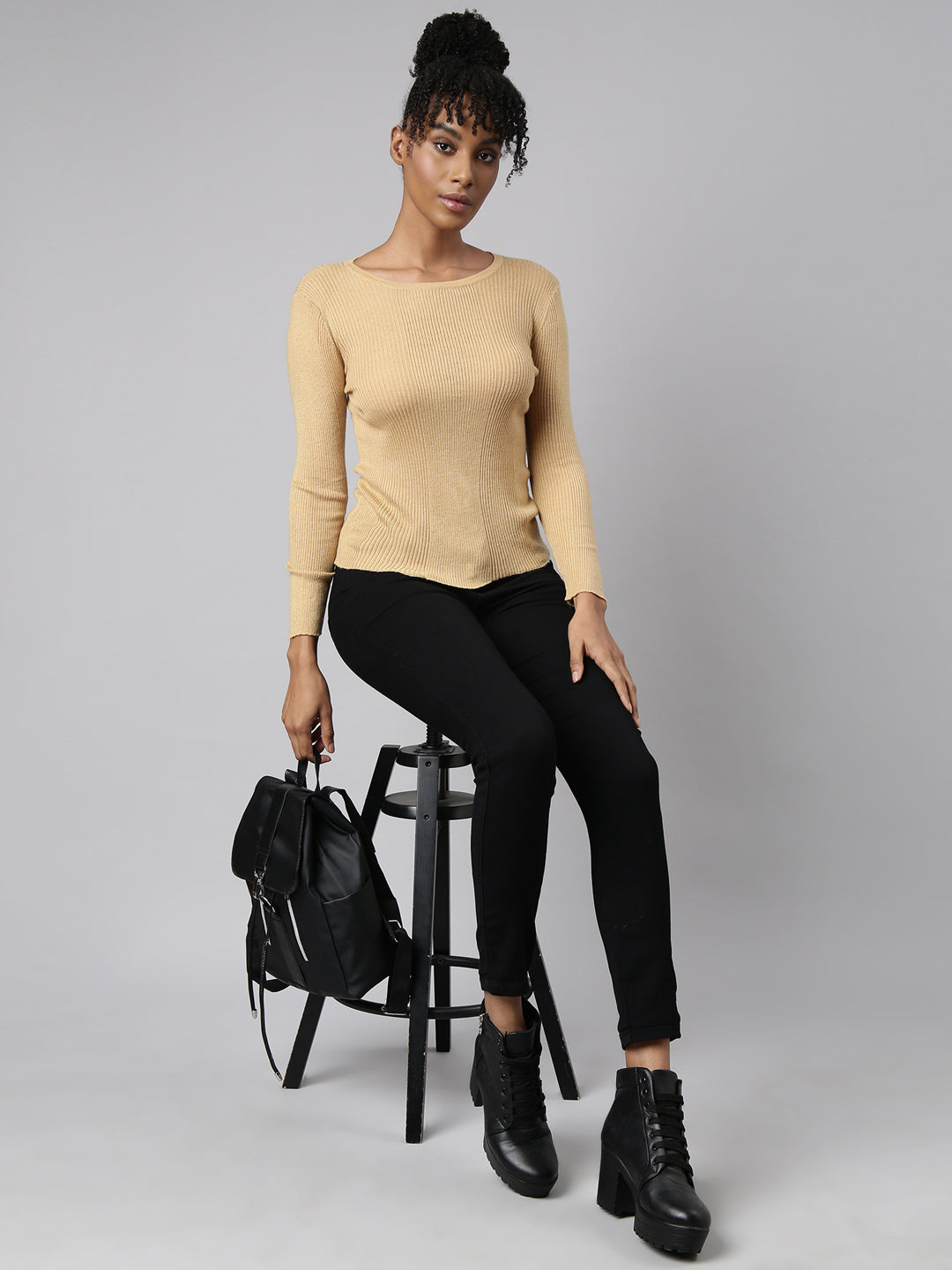 Women Beige Solid Fitted Top