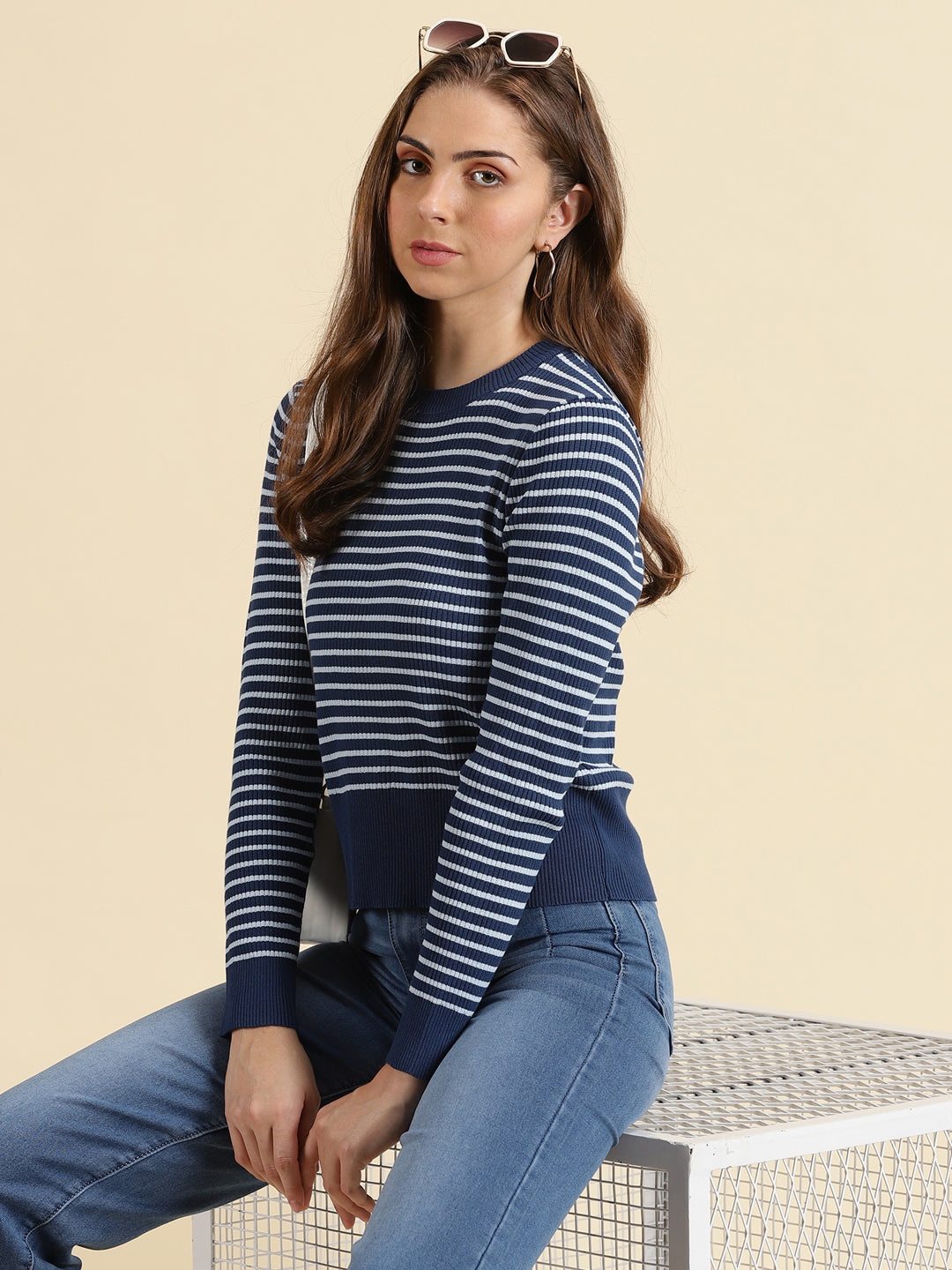 Women's Navy Blue Striped Fitted Top