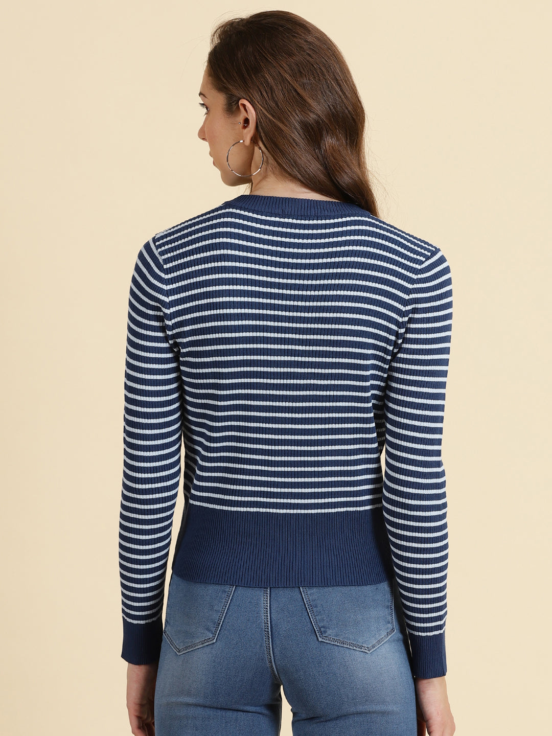 Women's Navy Blue Striped Fitted Top