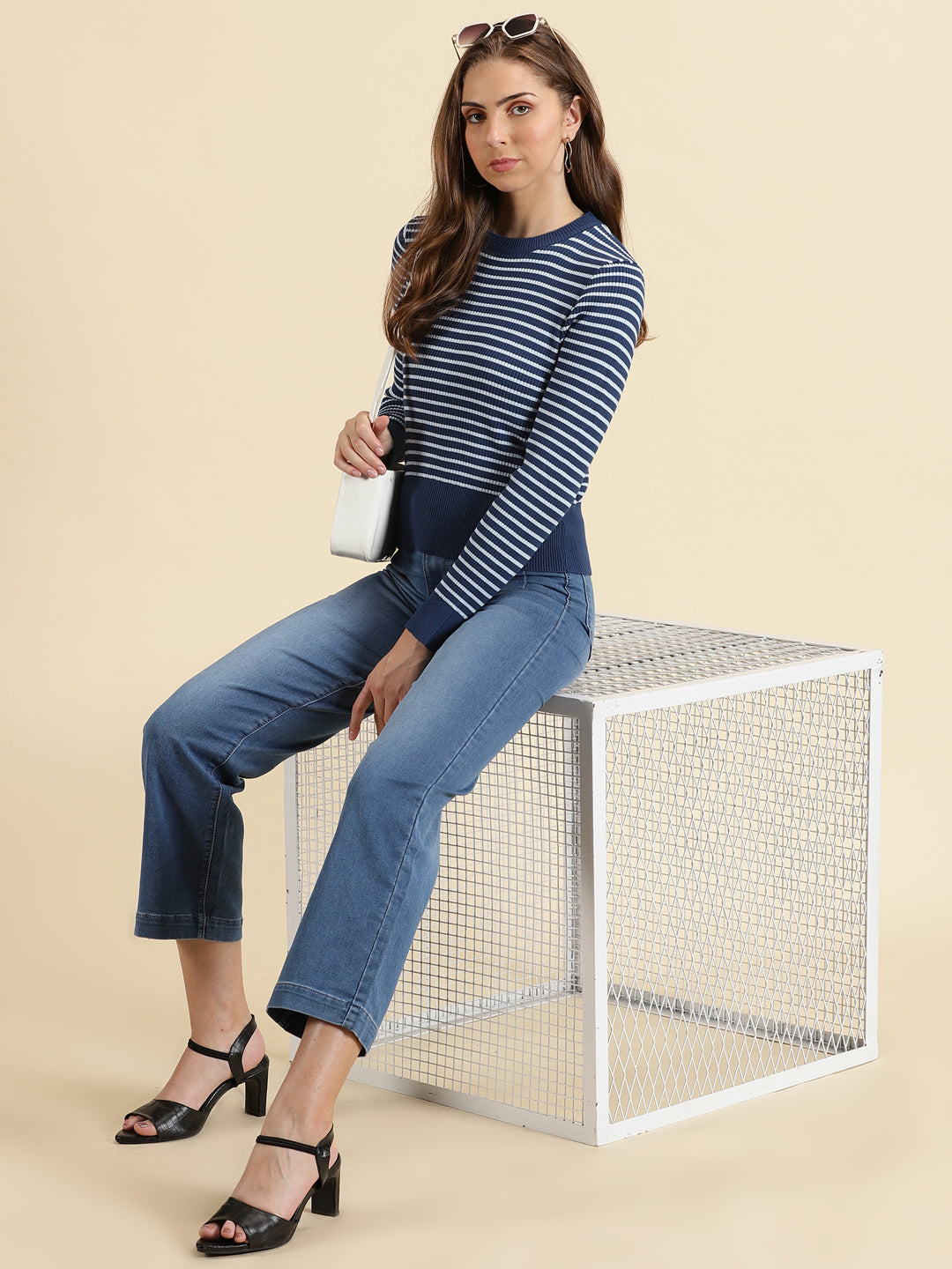 Women's Navy Blue Striped Fitted Top