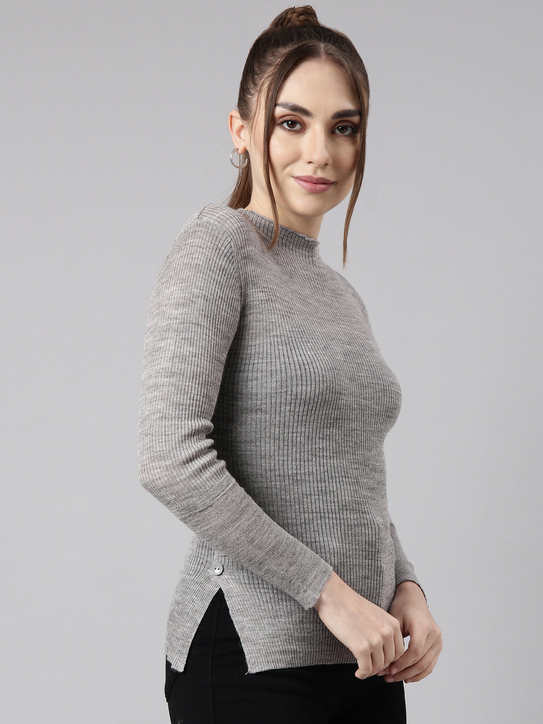 Women Grey Solid Fitted Top