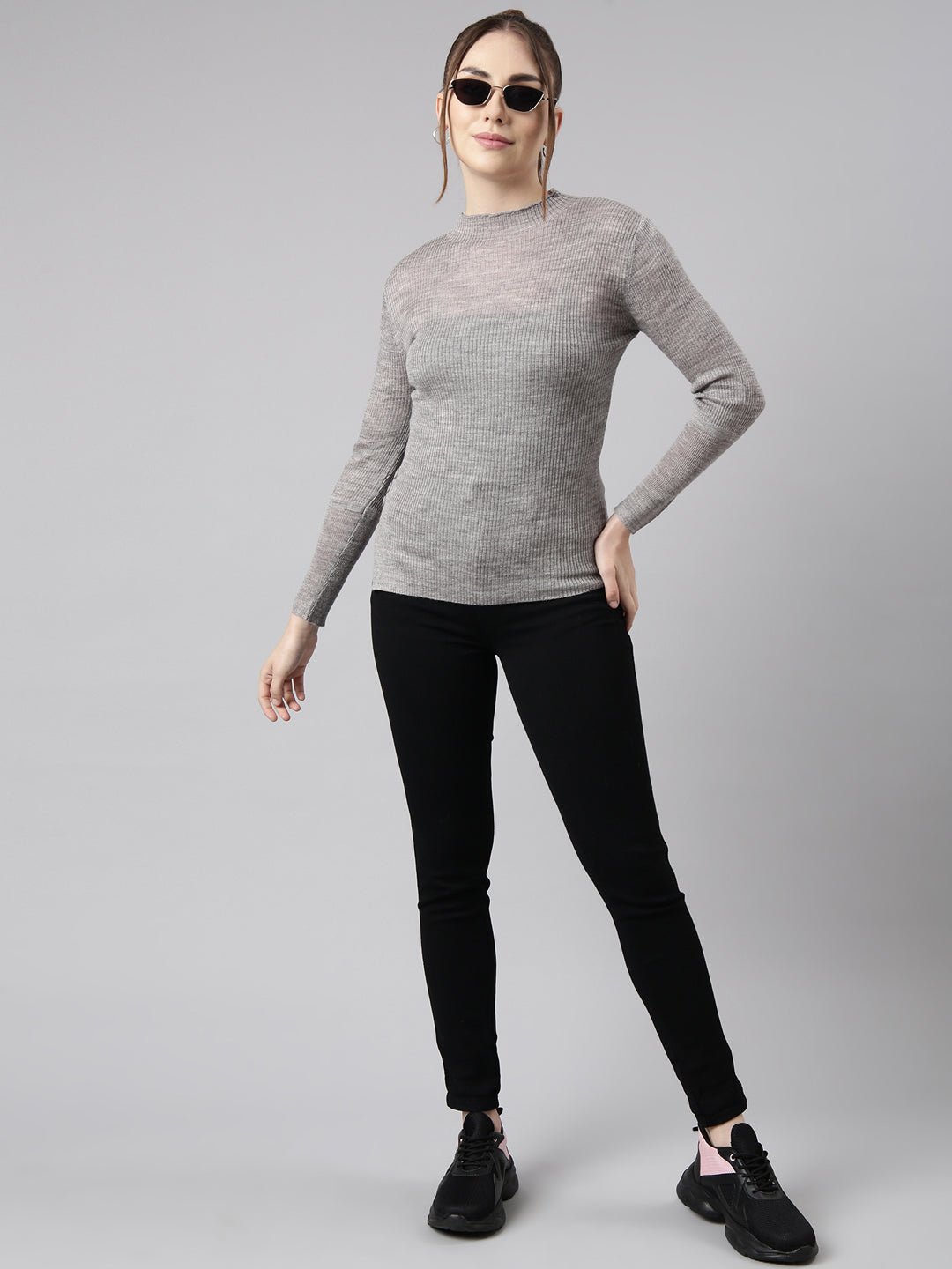 Women Grey Solid Fitted Top