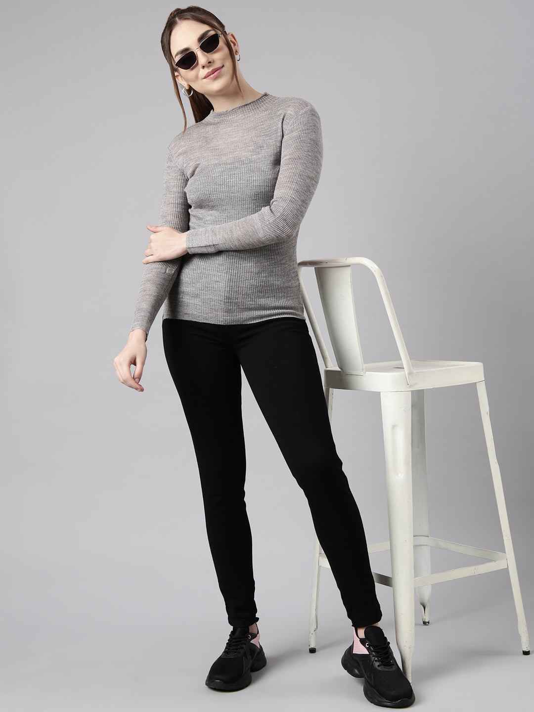 Women Grey Solid Fitted Top