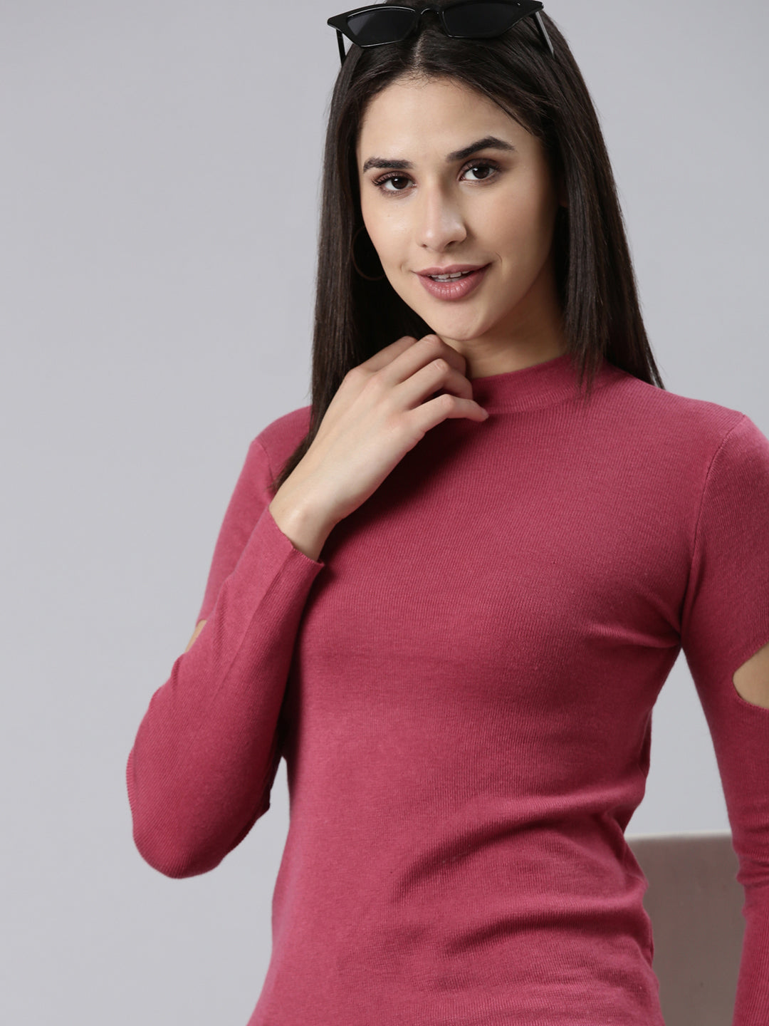 High Neck Solid Magenta Fitted Regular Top