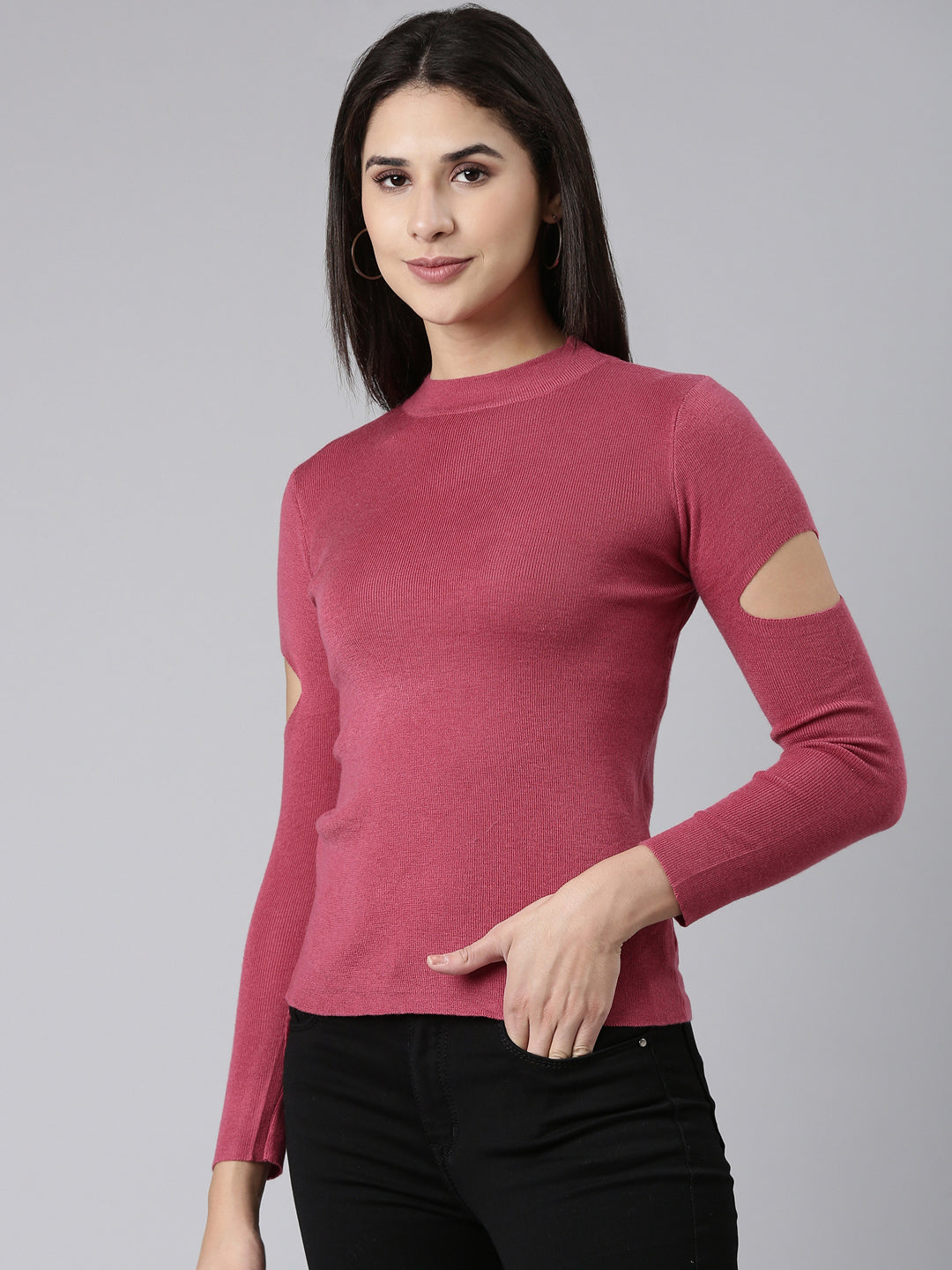 High Neck Solid Magenta Fitted Regular Top
