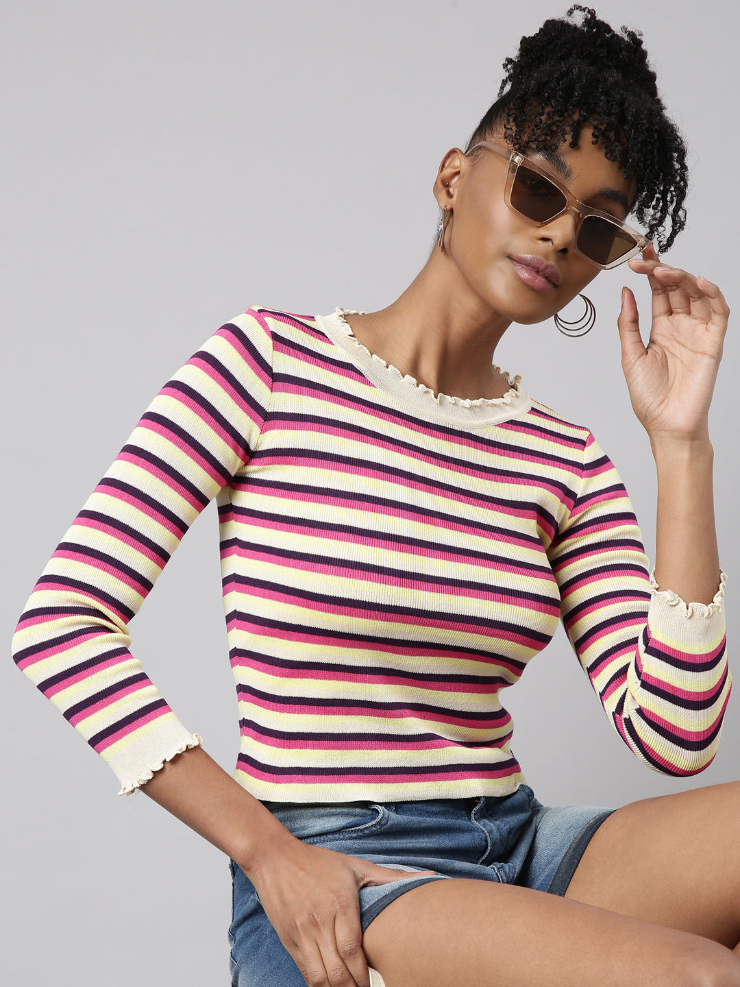 Women Pink Horizontal Stripes Fitted Top