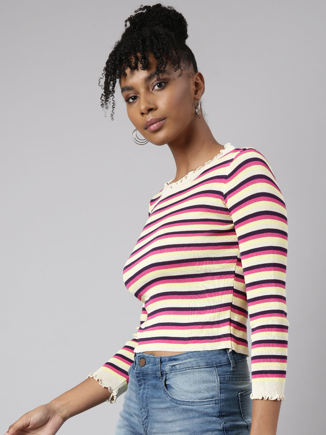 Women Pink Horizontal Stripes Fitted Top