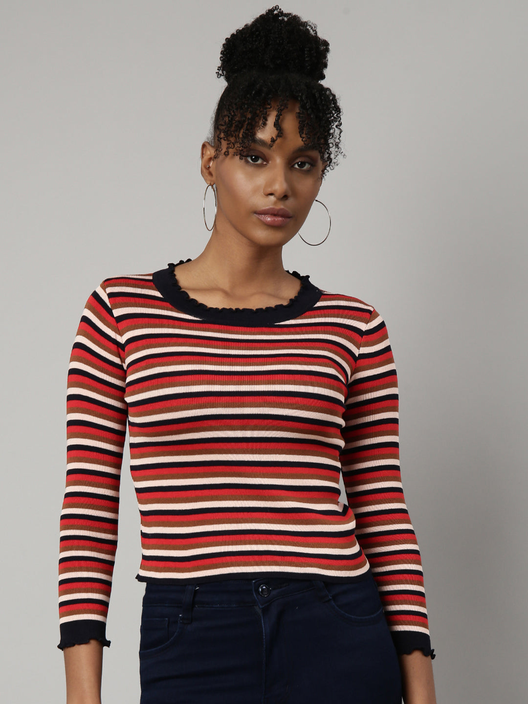 Women Red Horizontal Stripes Fitted Top
