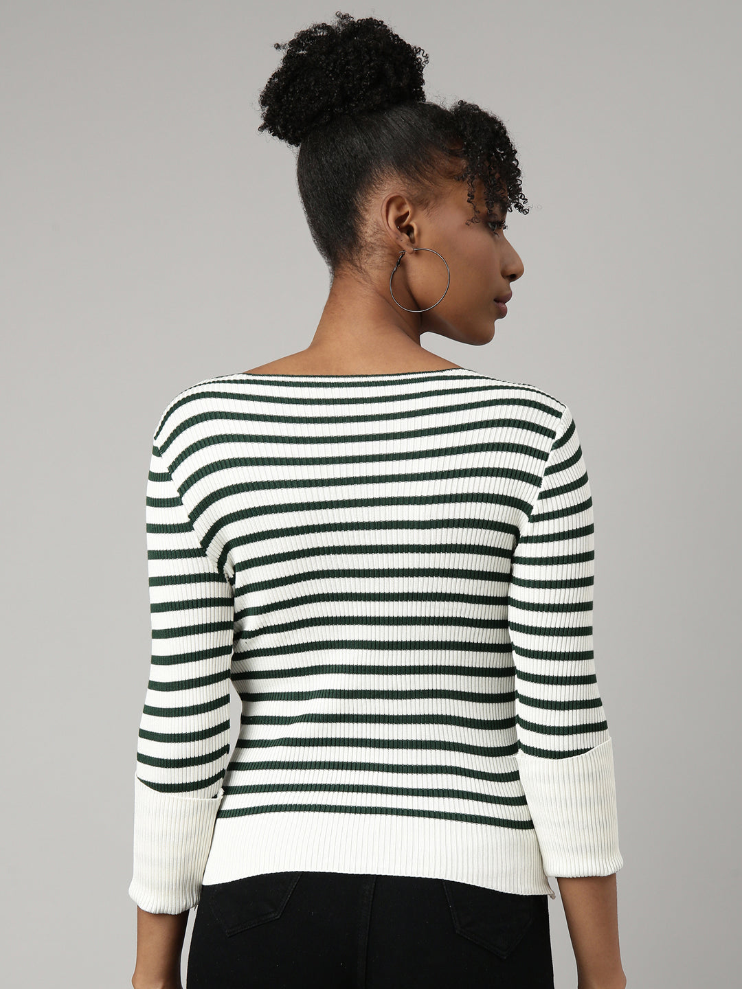 Women Off White Horizontal Stripes Fitted Top