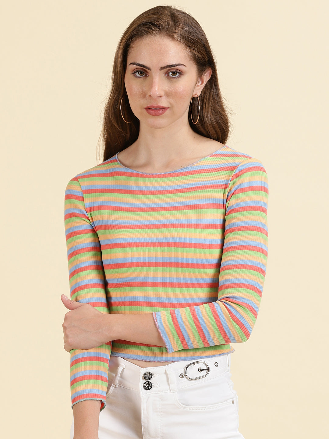 Women's Coral Striped Fitted Crop Top