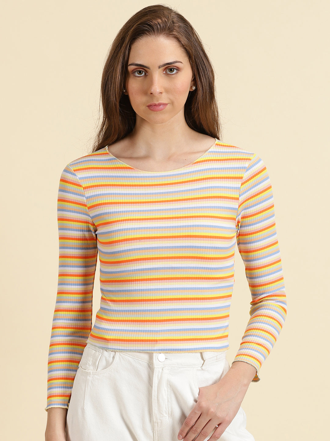 Women's Orange Striped Fitted Crop Top