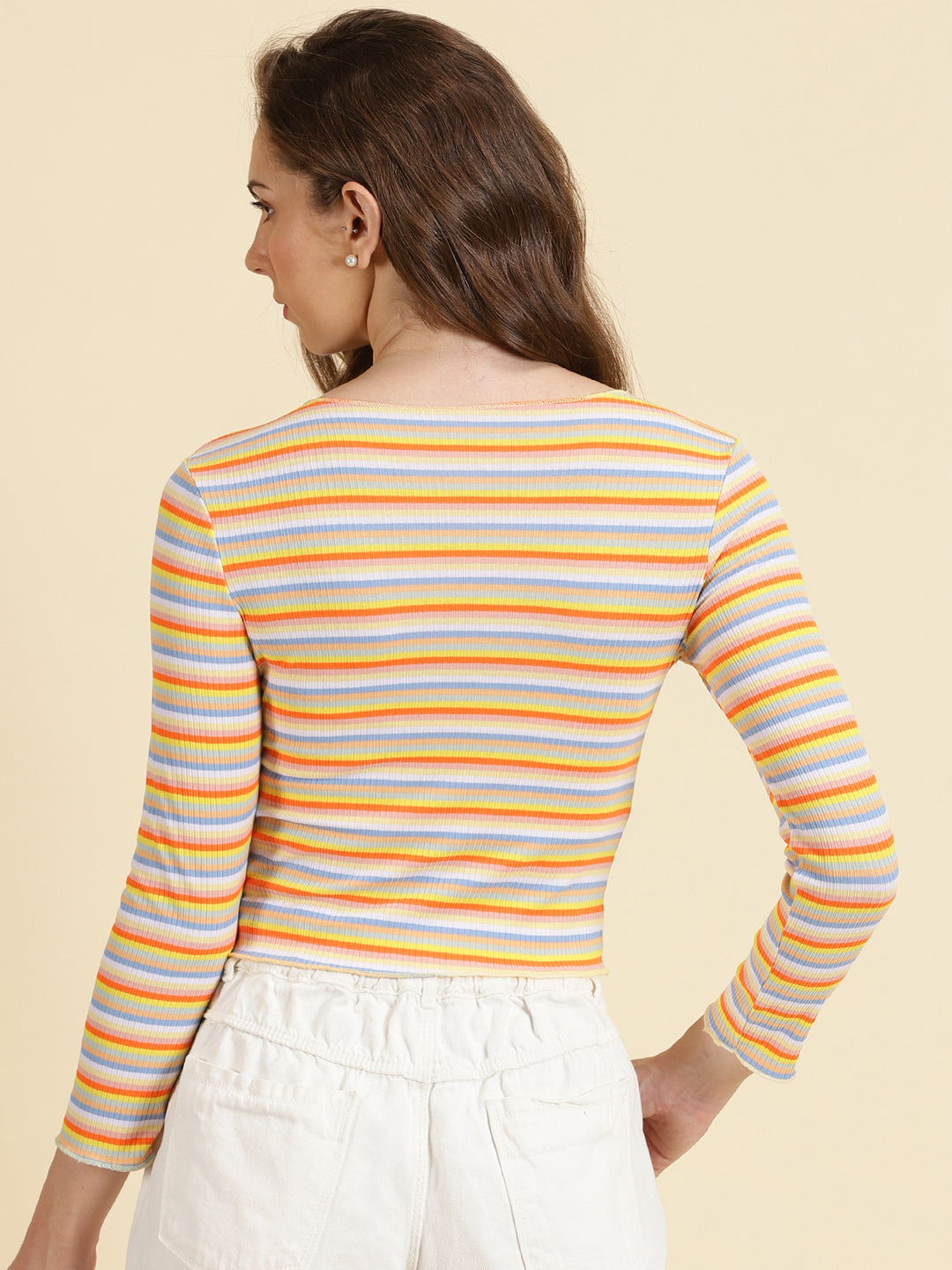 Women's Orange Striped Fitted Crop Top