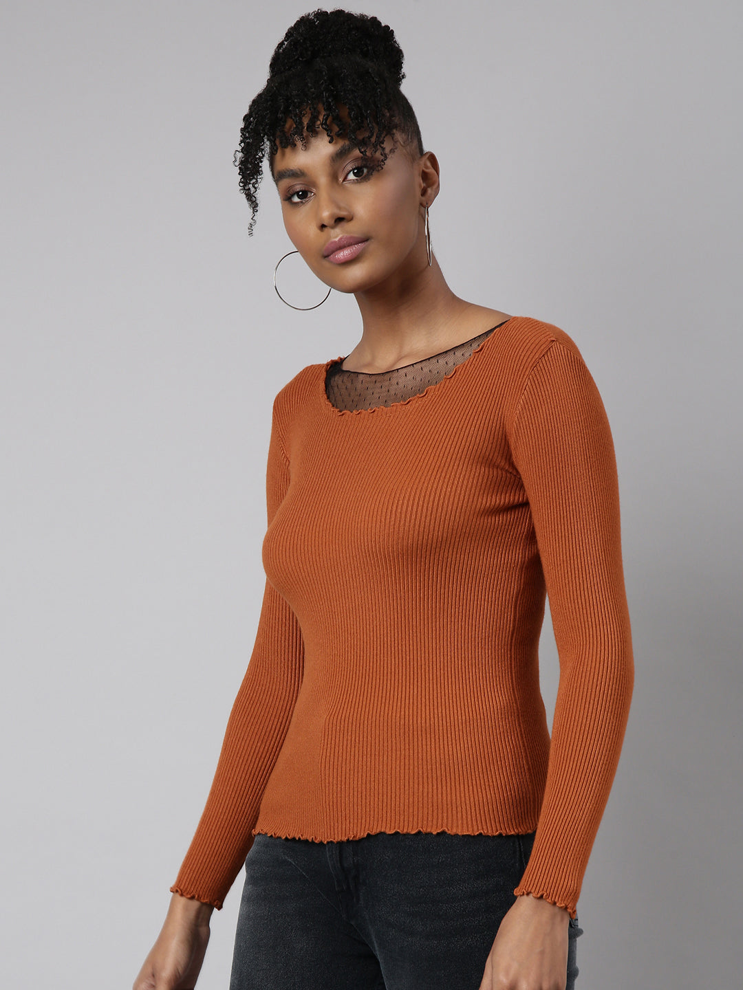 Women Rust Solid Fitted Top