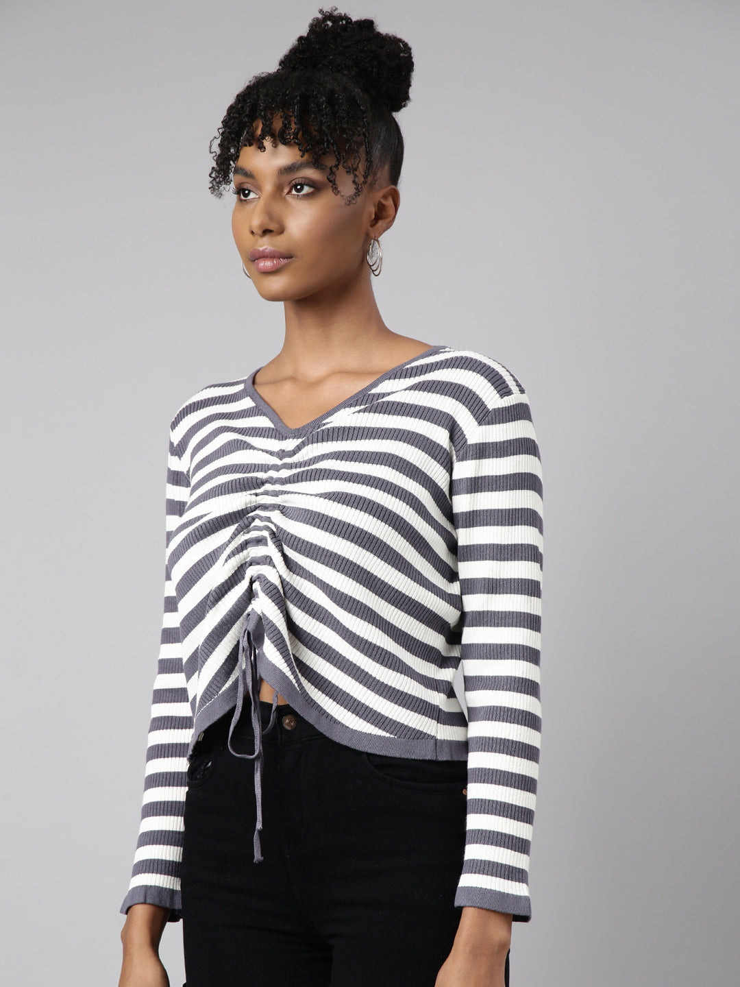 Women Grey Horizontal Stripes Top