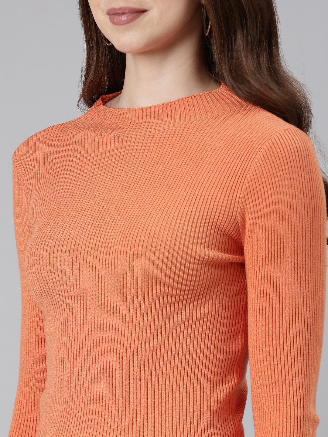 High Neck Solid Regular Sleeves Fitted Orange Top