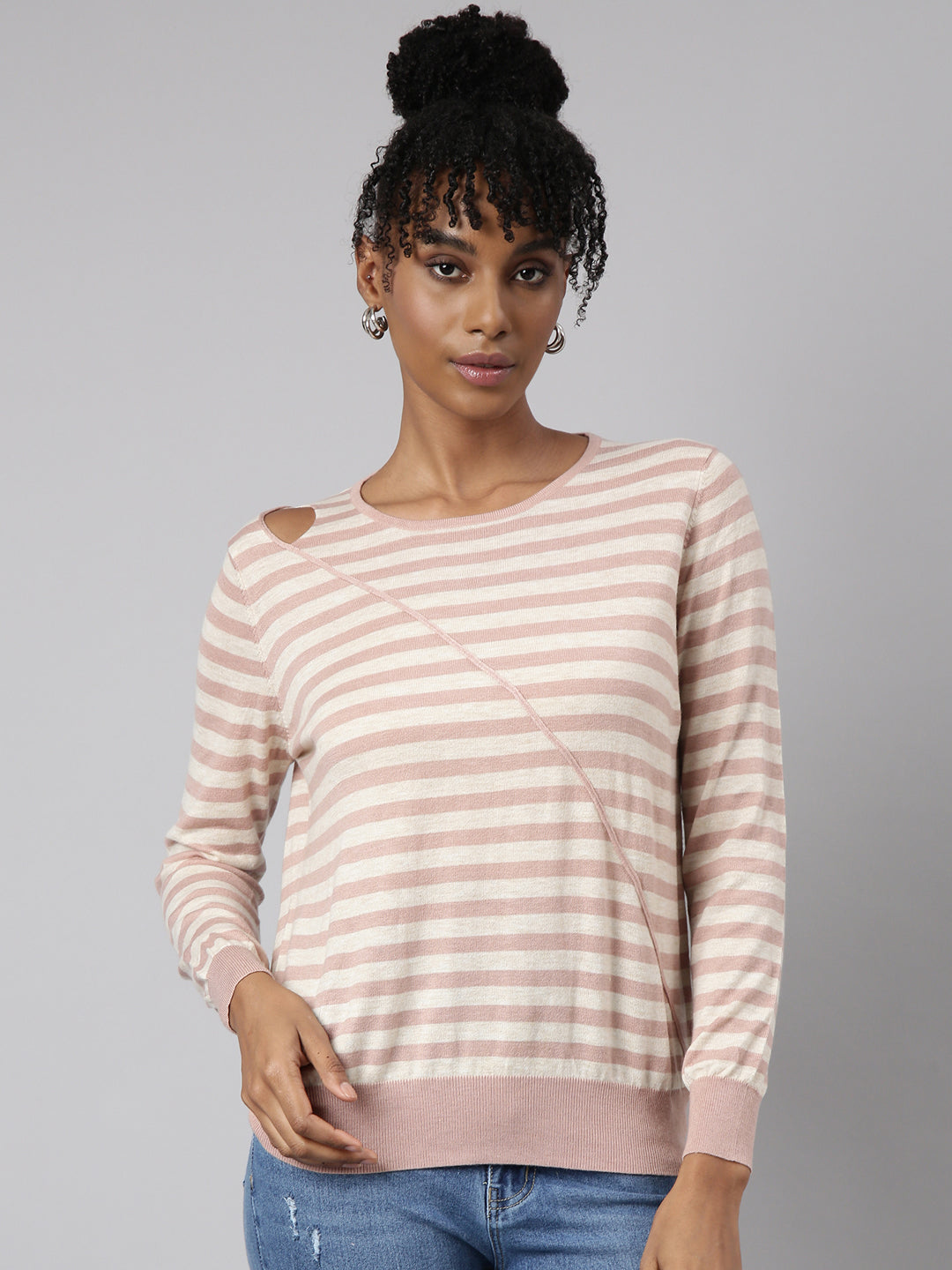 Women Peach Horizontal Stripes Fitted Top