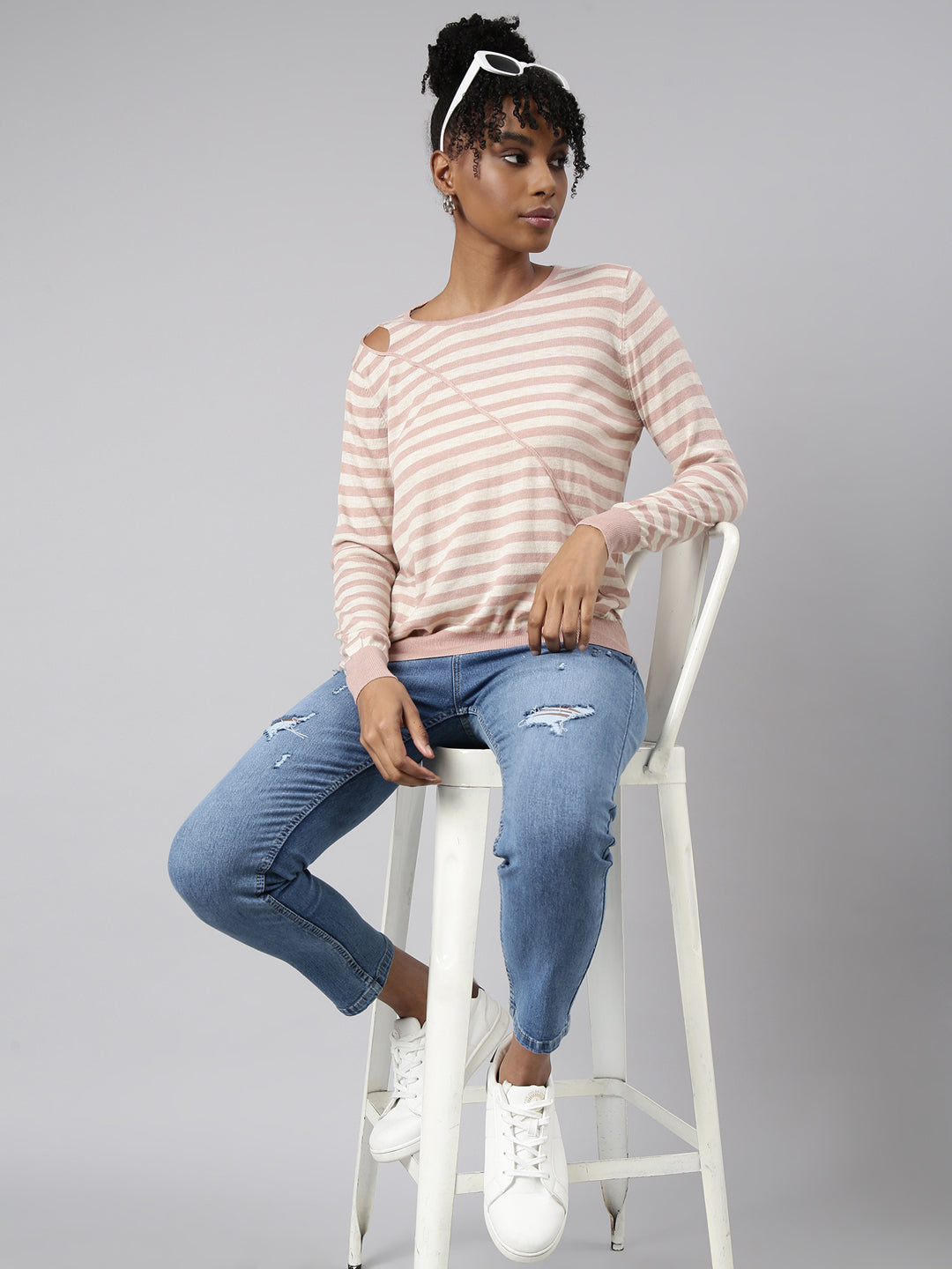 Women Peach Horizontal Stripes Fitted Top