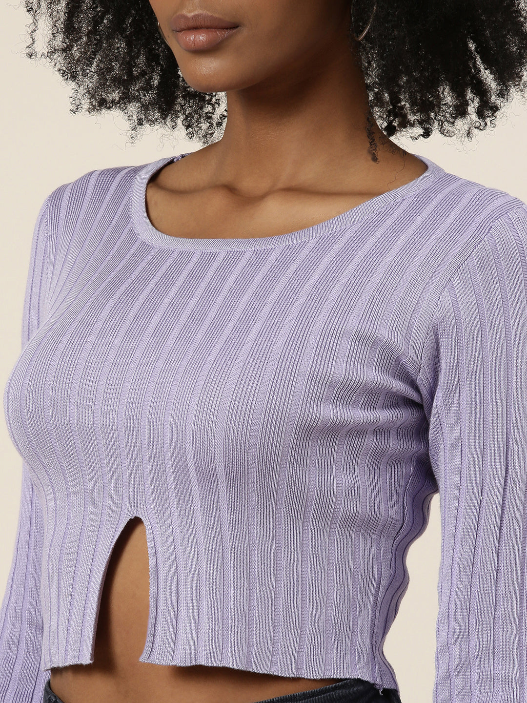 Round Neck Self Design Regular Sleeves Fitted Lavender Crop Top