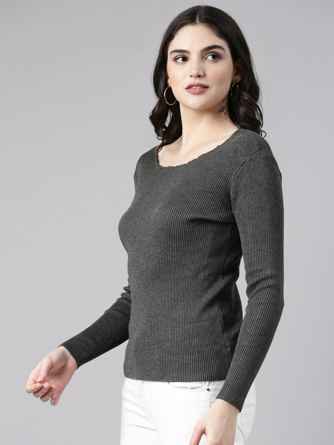 Boat Neck Solid Regular Sleeves Fitted Grey Top