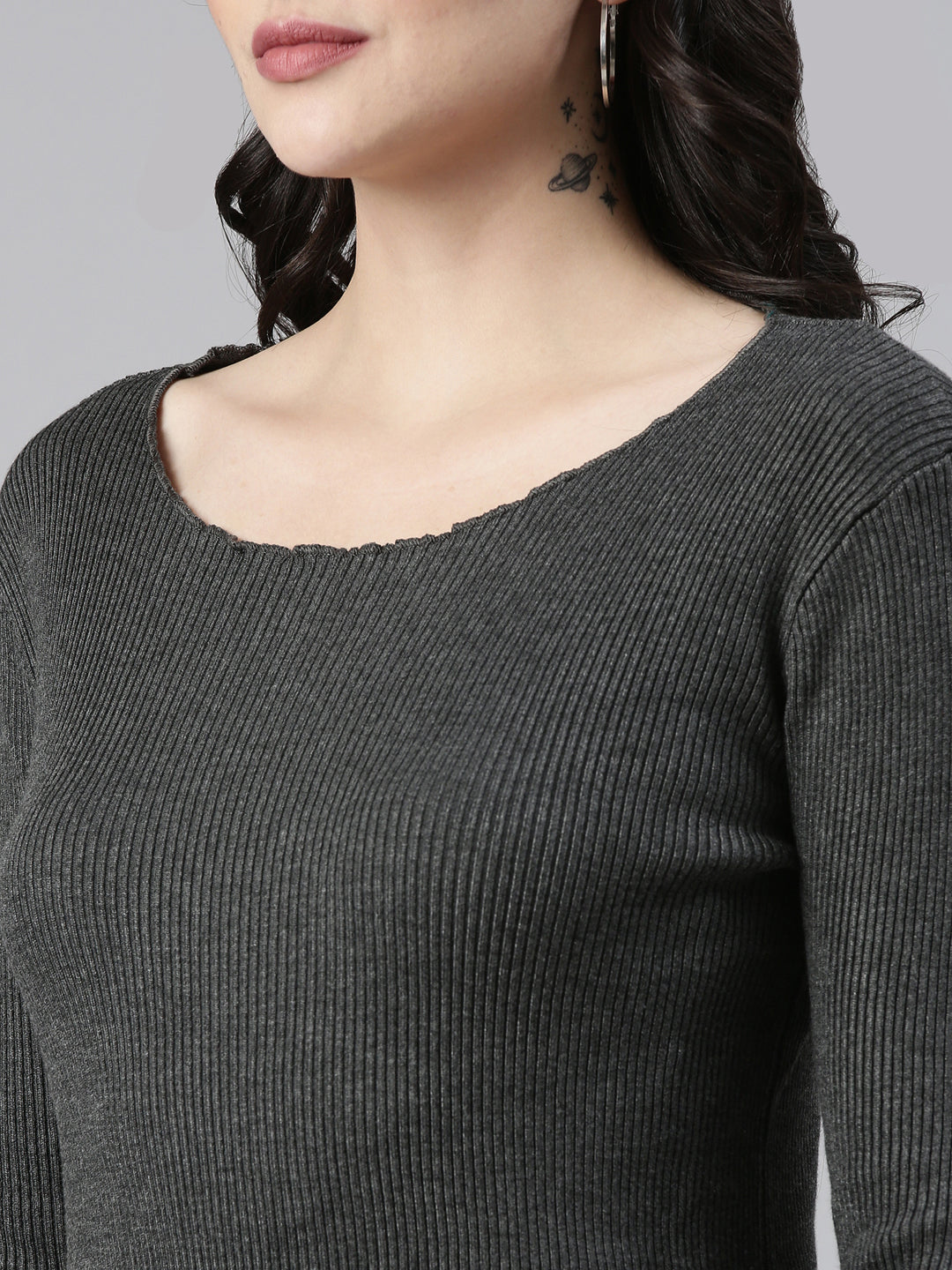 Boat Neck Solid Regular Sleeves Fitted Grey Top