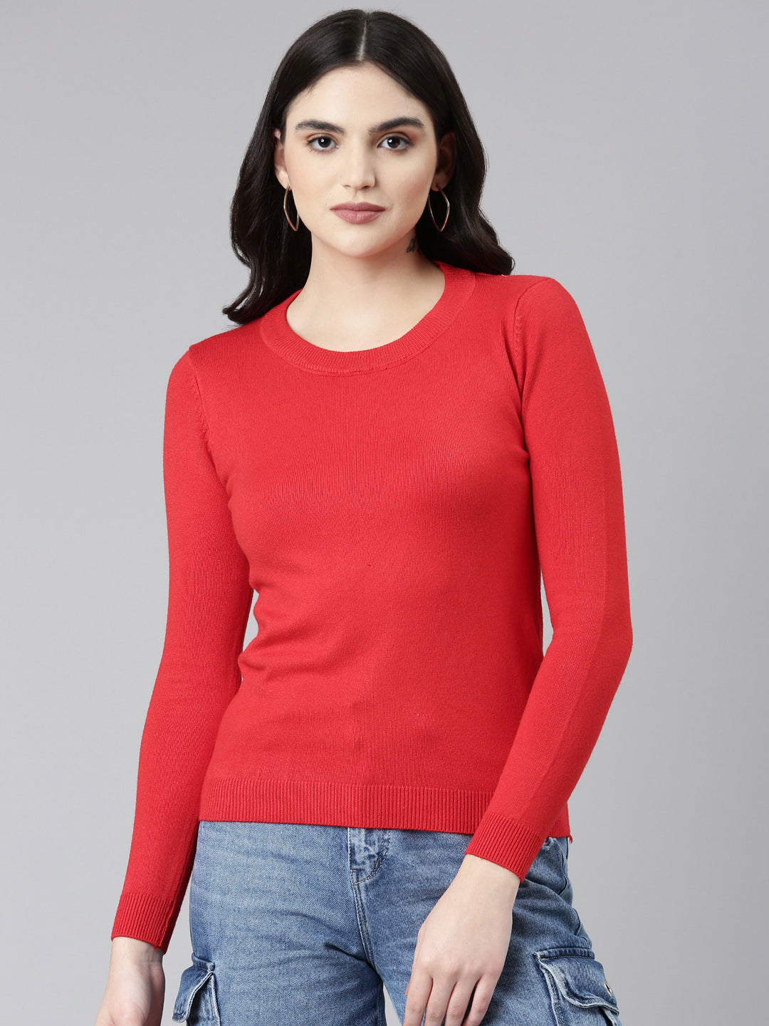 Round Neck Solid Regular Sleeves Fitted Red Top