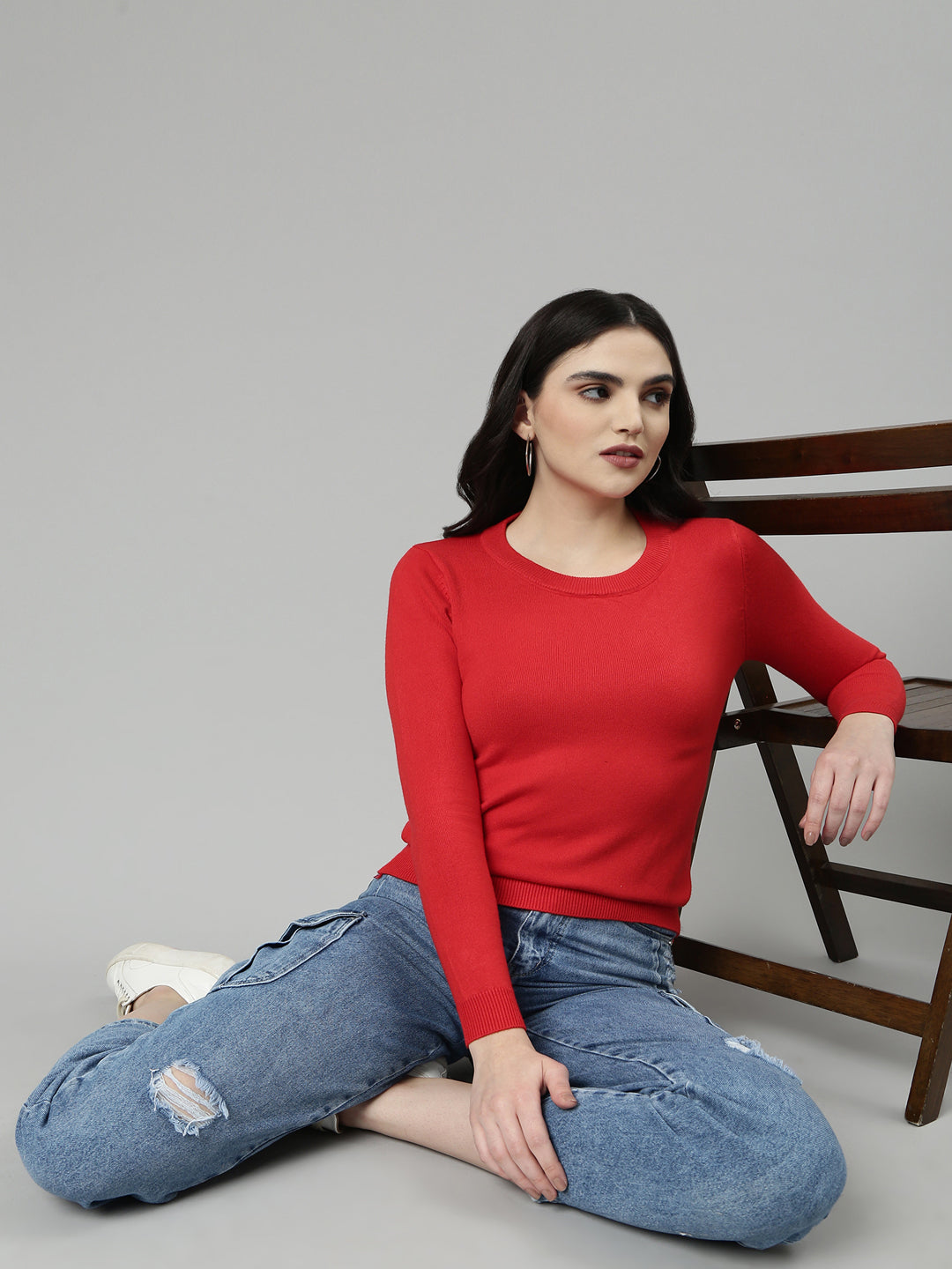 Round Neck Solid Regular Sleeves Fitted Red Top