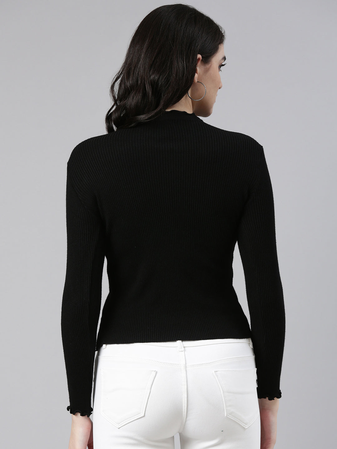 High Neck Solid Regular Sleeves Fitted Black Top