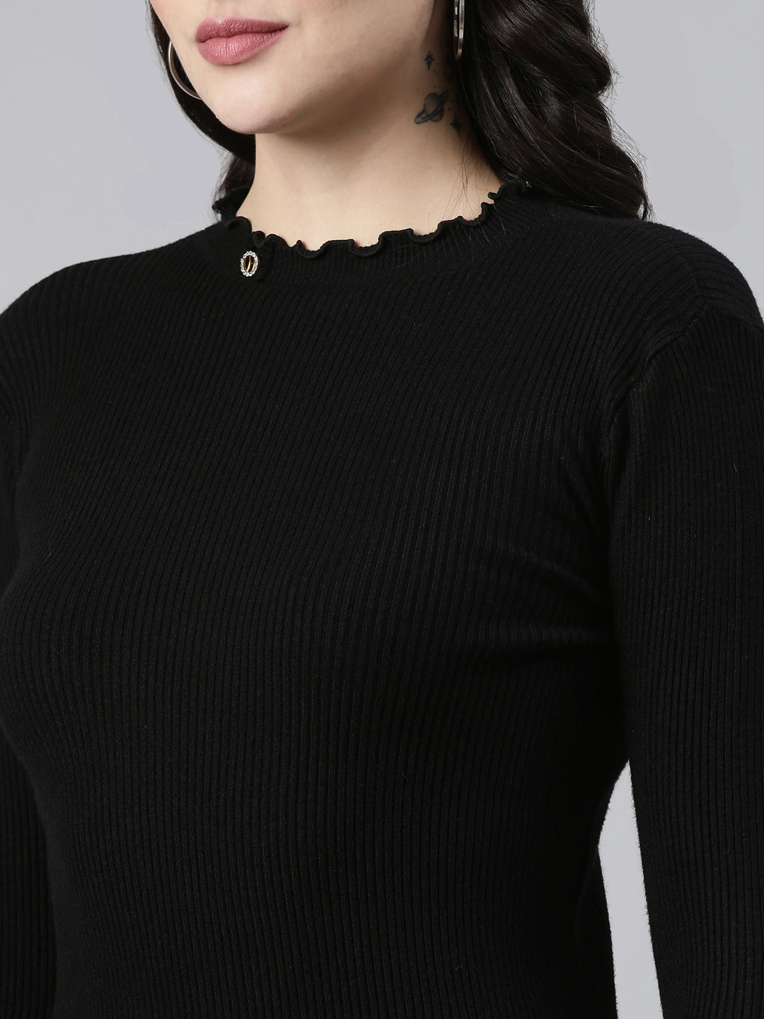 High Neck Solid Regular Sleeves Fitted Black Top