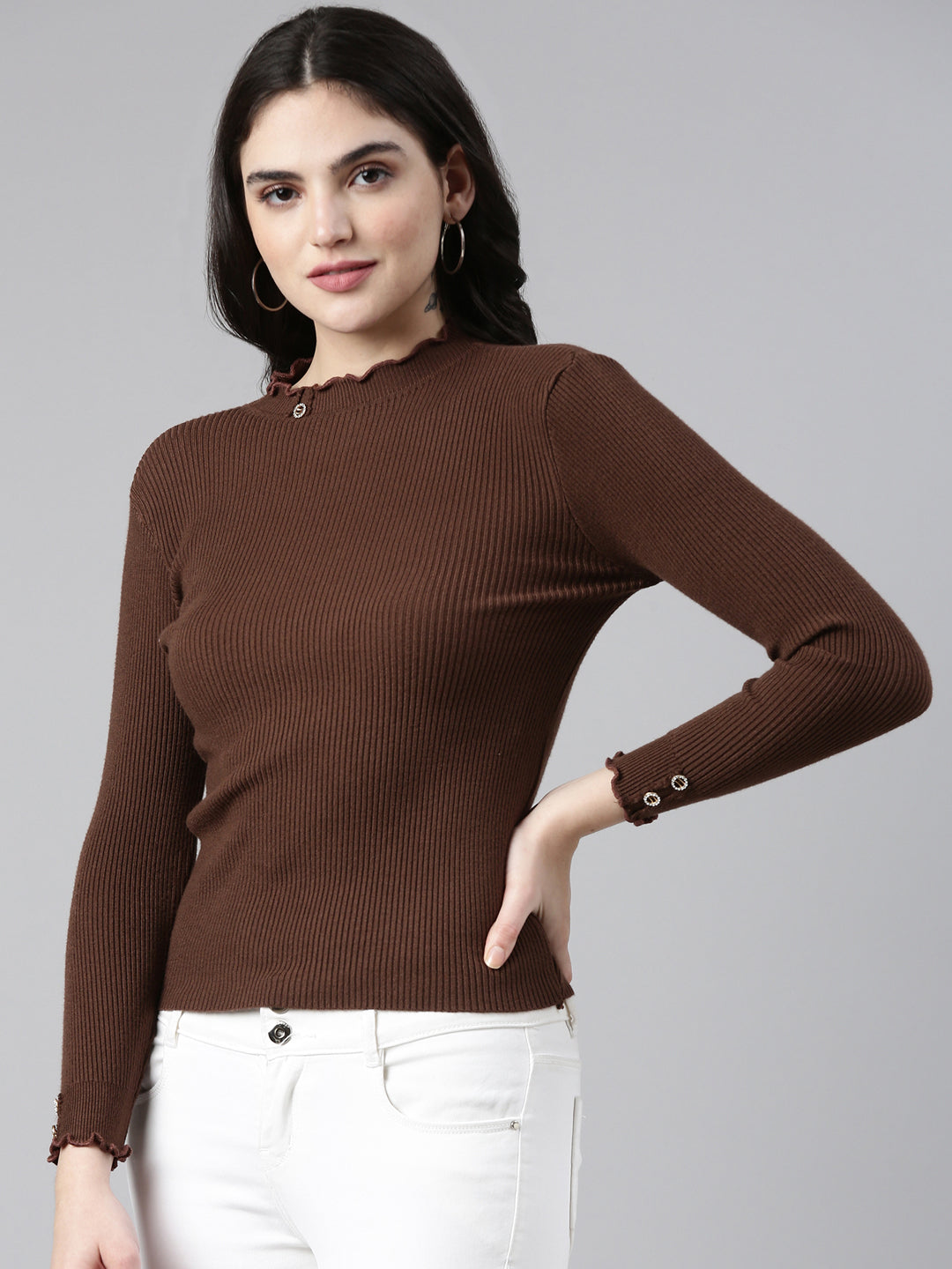 High Neck Solid Regular Sleeves Fitted Coffee Brown Top