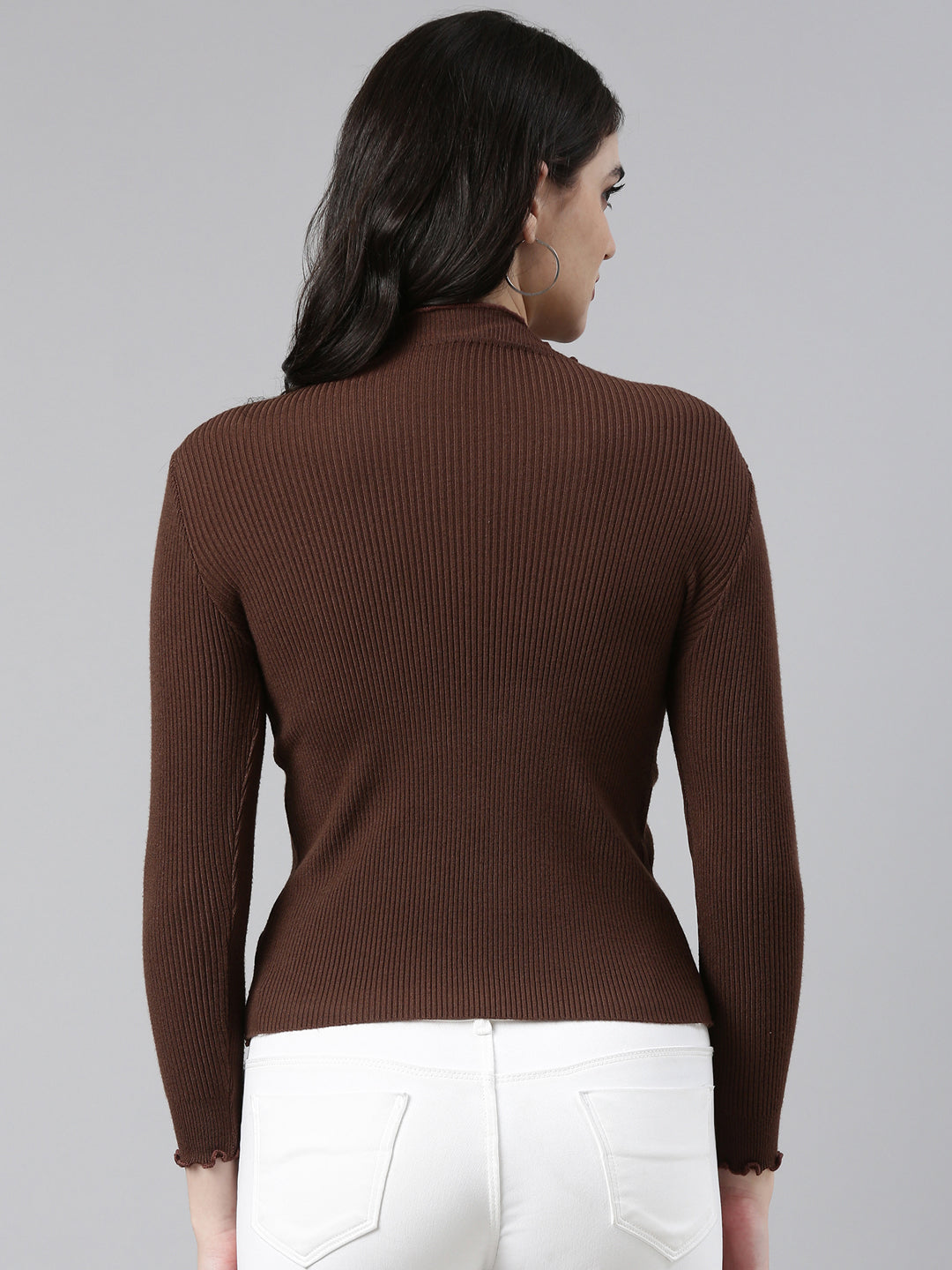 High Neck Solid Regular Sleeves Fitted Coffee Brown Top
