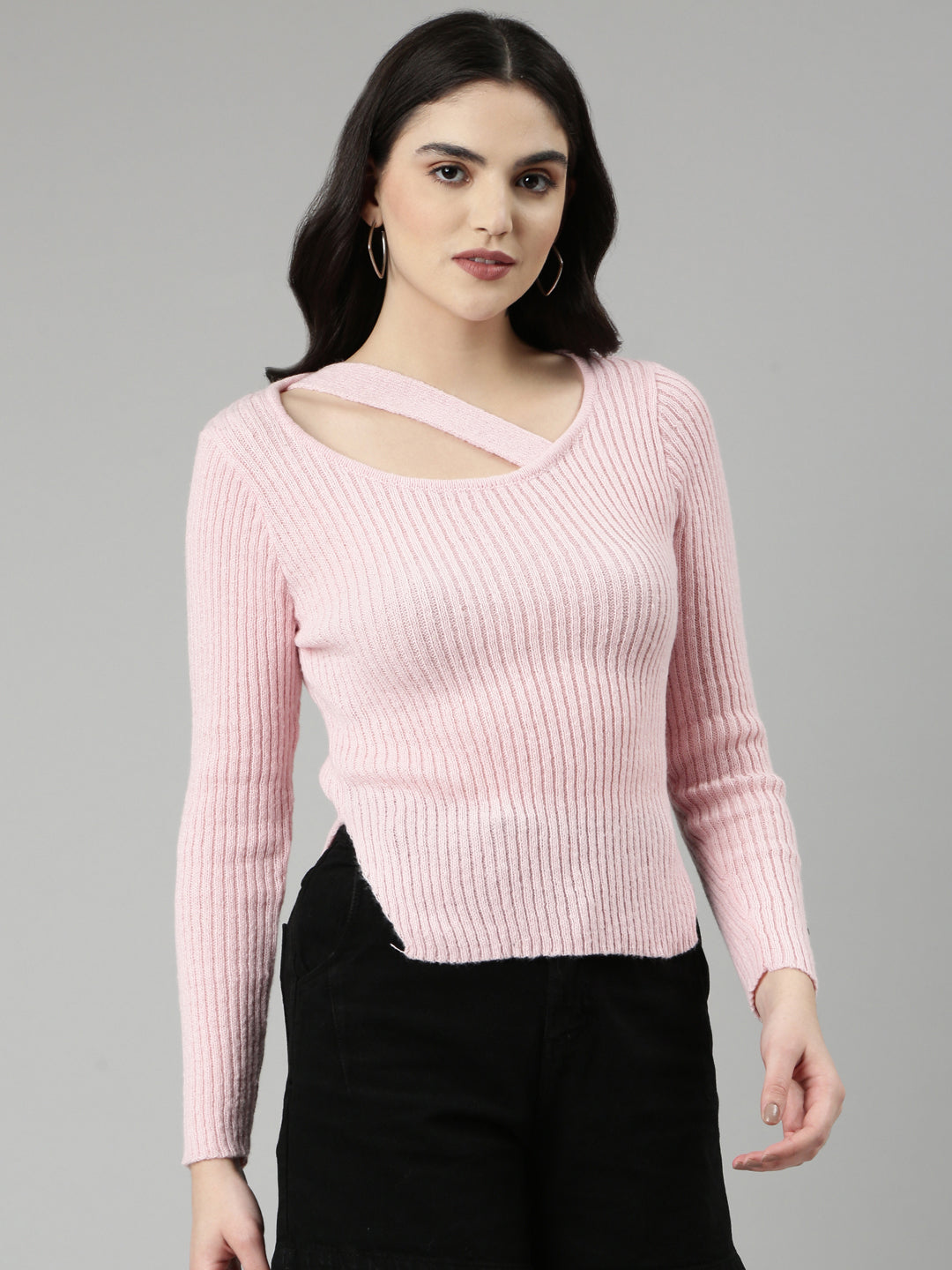 Scoop Neck Solid Regular Sleeves Fitted Pink Top