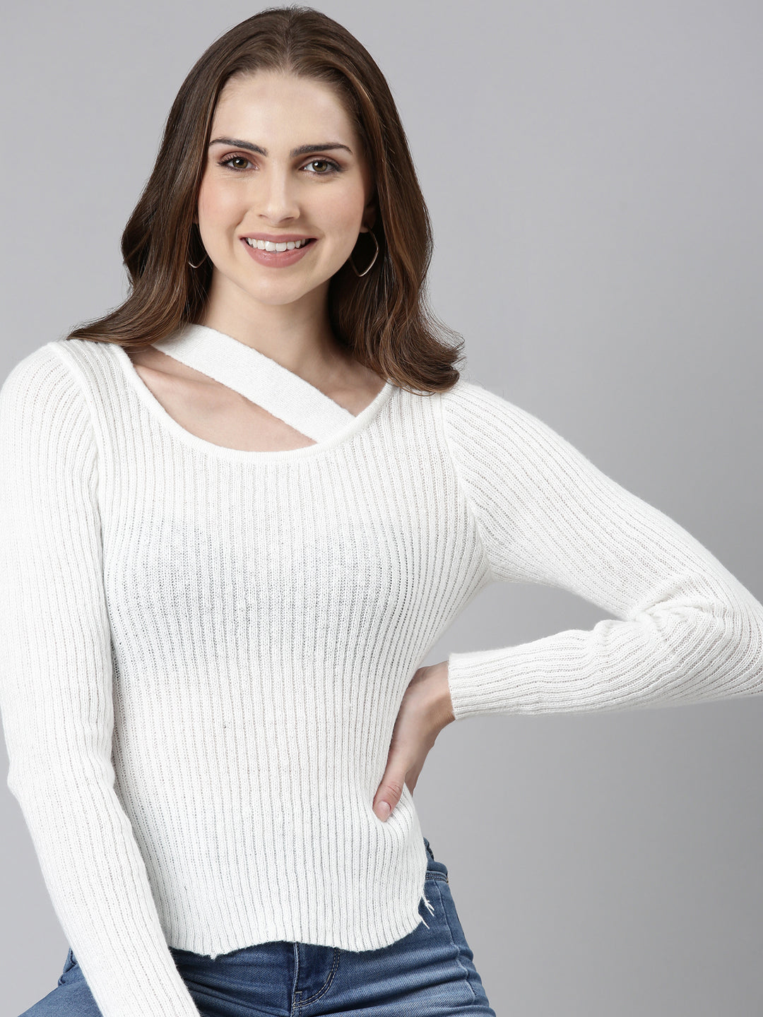 Scoop Neck Solid Regular Sleeves Fitted White Top
