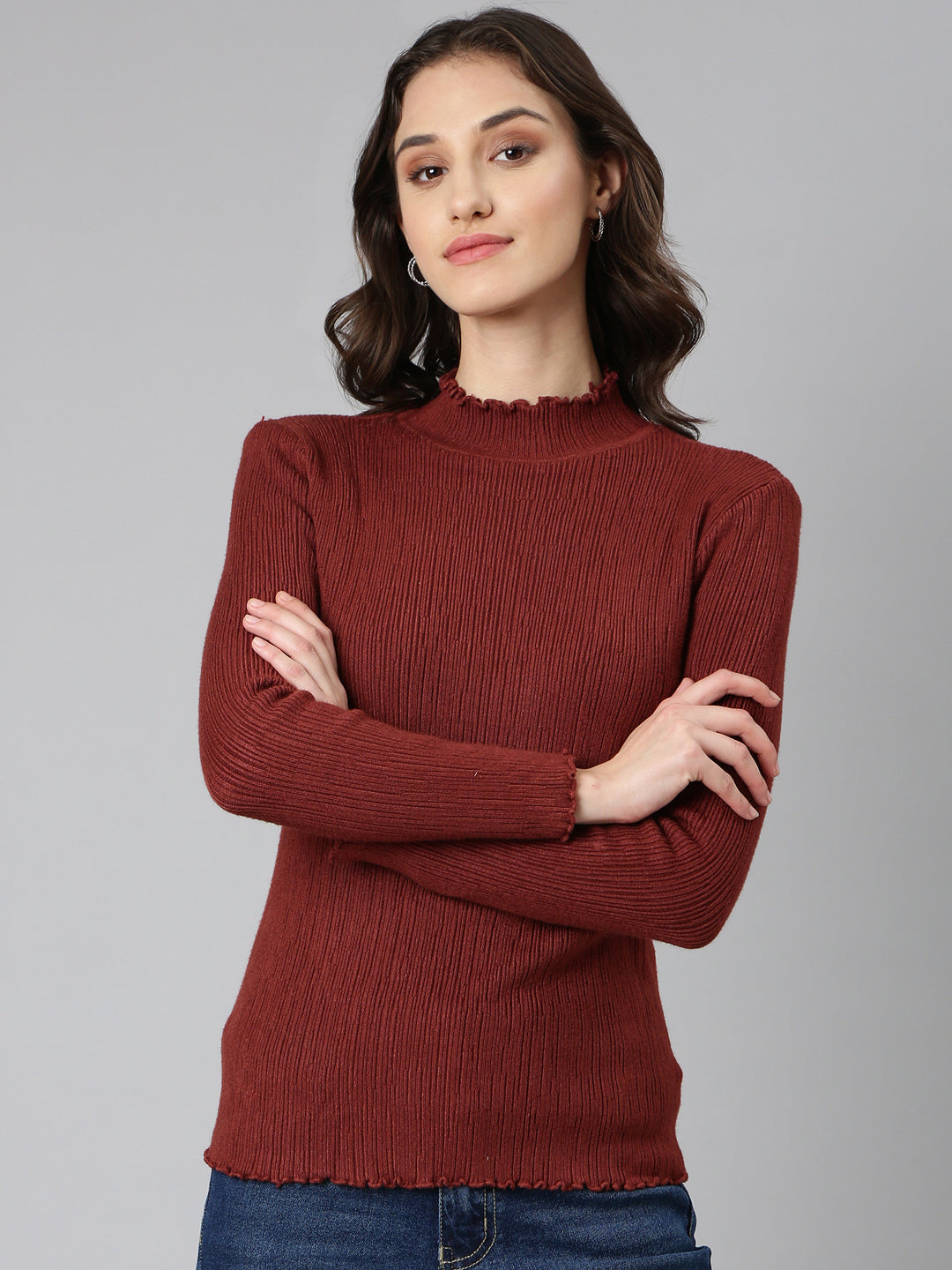 Women Brown Solid Pullover