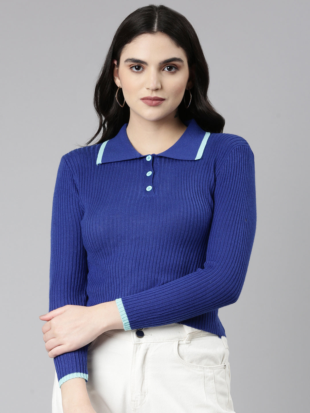 Above the Keyboard Collar Solid Regular Sleeves Fitted Blue Regular Top