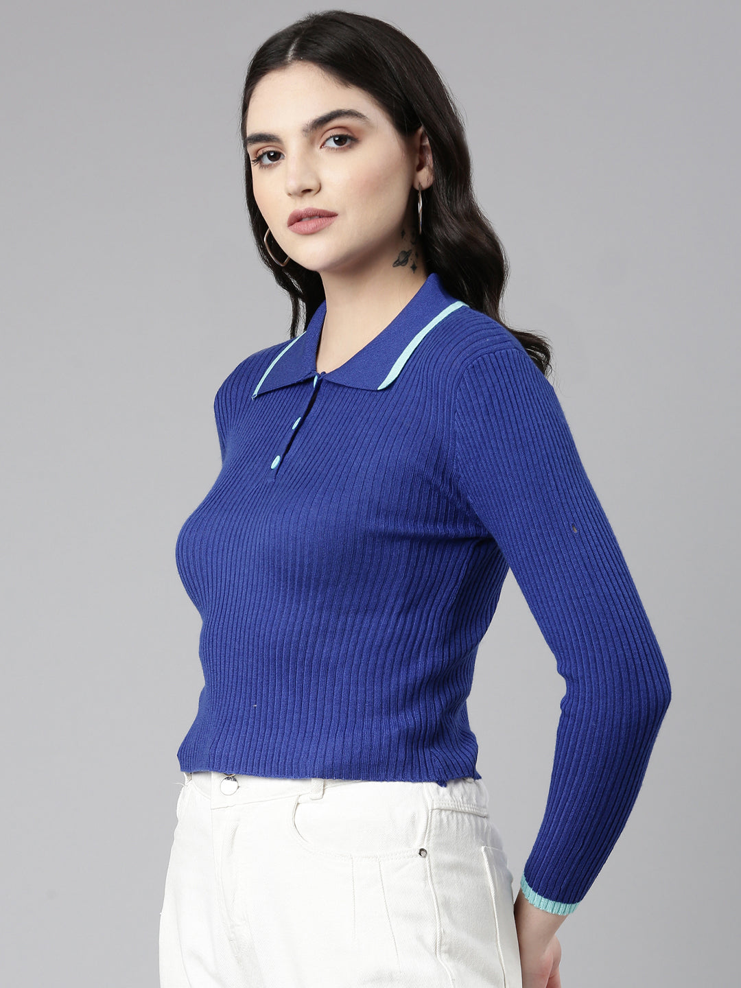 Above the Keyboard Collar Solid Regular Sleeves Fitted Blue Regular Top