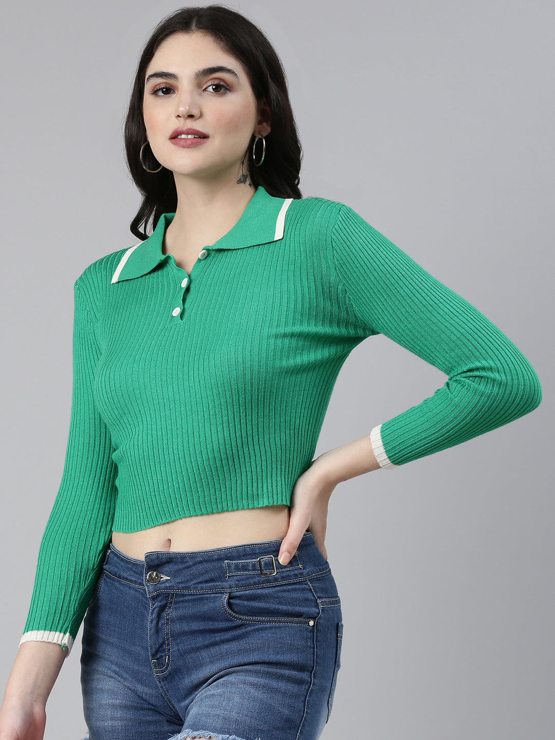 Above the Keyboard Collar Solid Regular Sleeves Fitted Green Crop Top