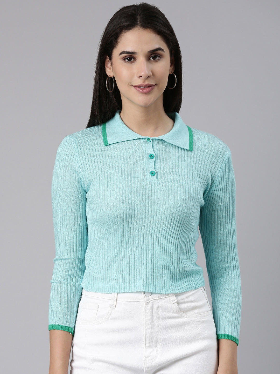 Above the Keyboard Collar Solid Regular Sleeves Fitted Turquoise Blue Regular Top