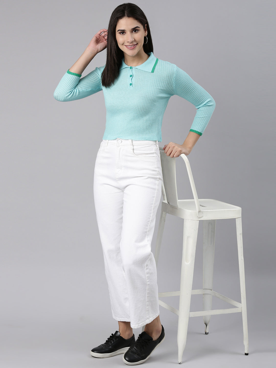 Above the Keyboard Collar Solid Regular Sleeves Fitted Turquoise Blue Regular Top