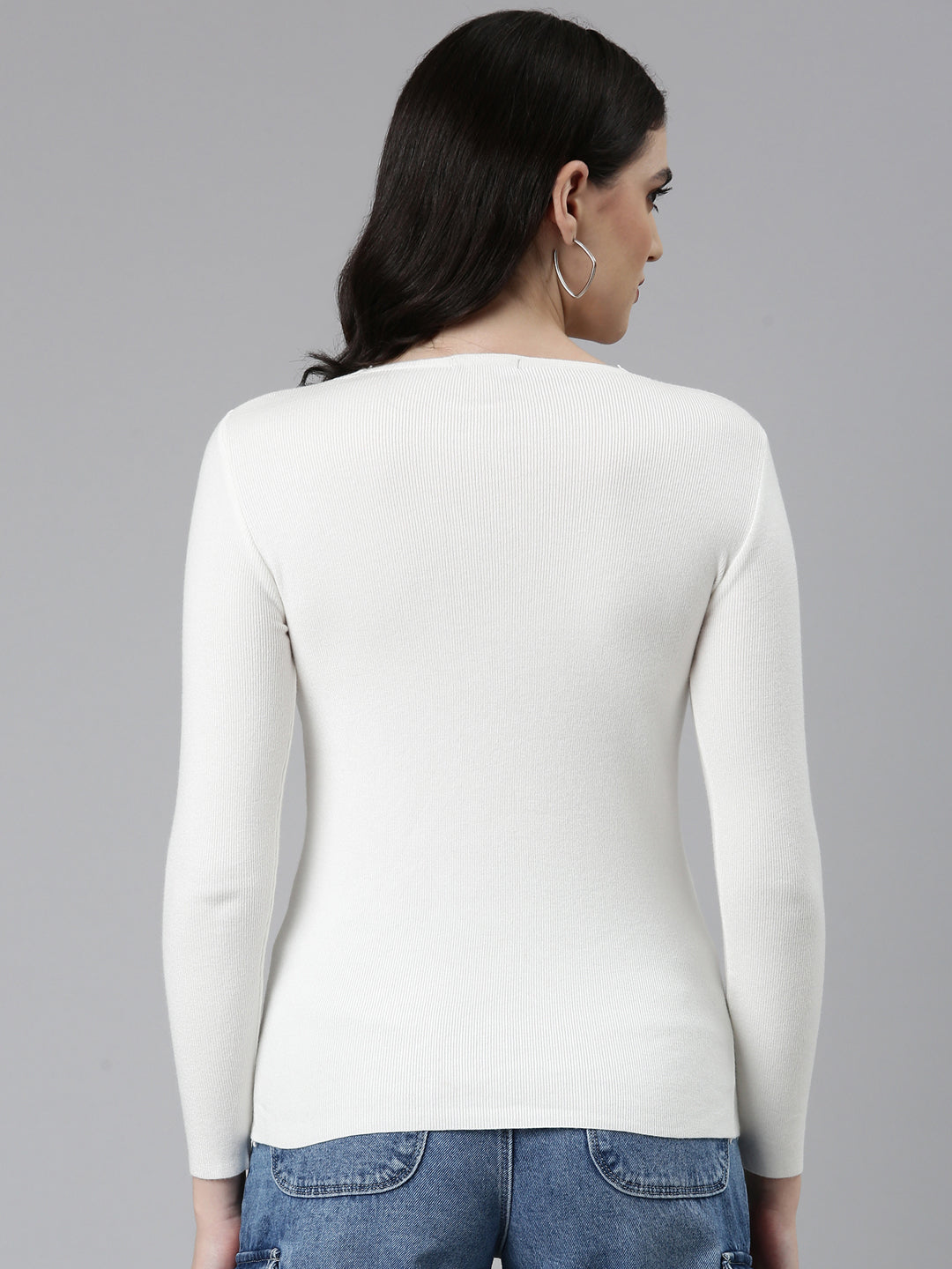 V-Neck Solid White Fitted Regular Top