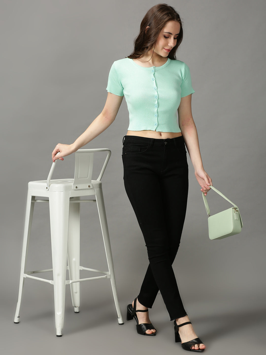 Women's Sea Green Solid Fitted Crop Top